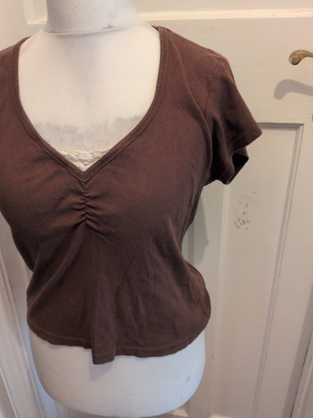 Text Large Brown V Neck Short Sleeve T-shirt