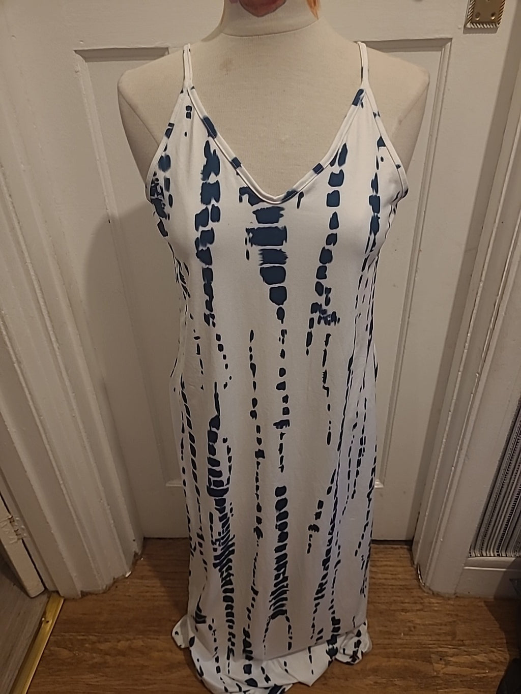 Ladies Size Medium Dark Green White Sleeveless Long A-Line Dress