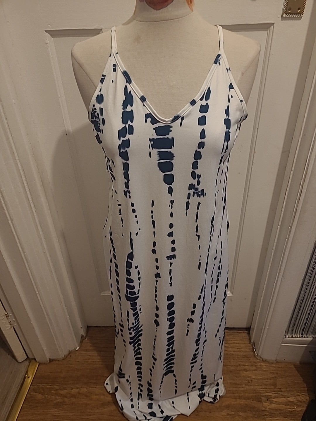 Ladies Size Medium Dark Green White Sleeveless Long A-Line Dress