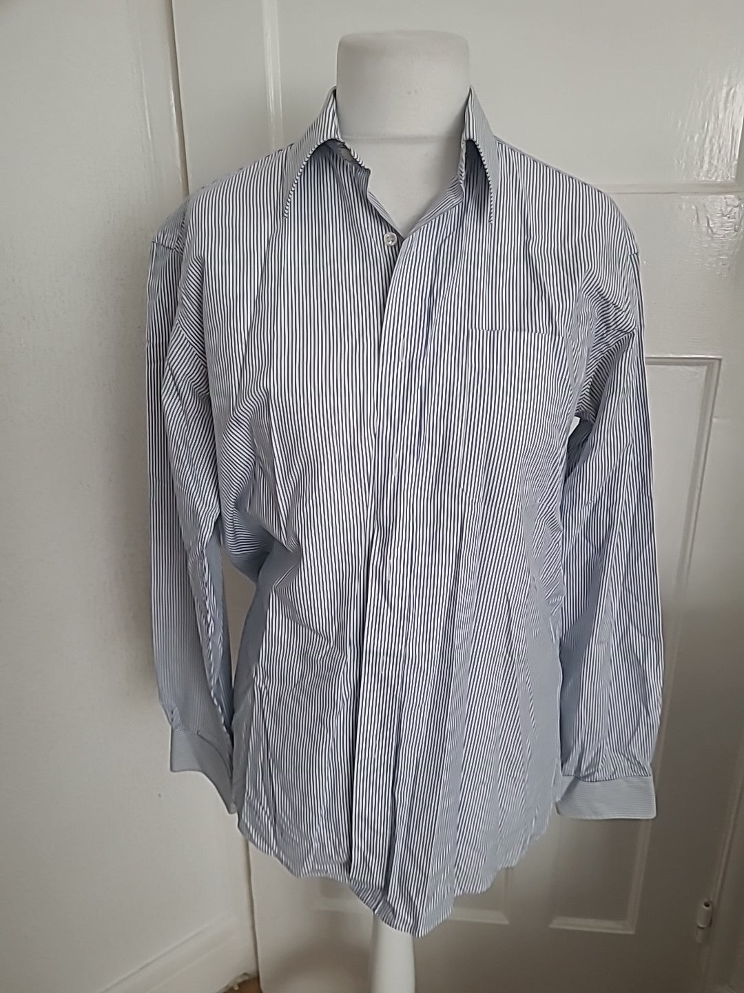 Mens St Michael Size 15.5 Navy And White Striped Buttoned Shirt