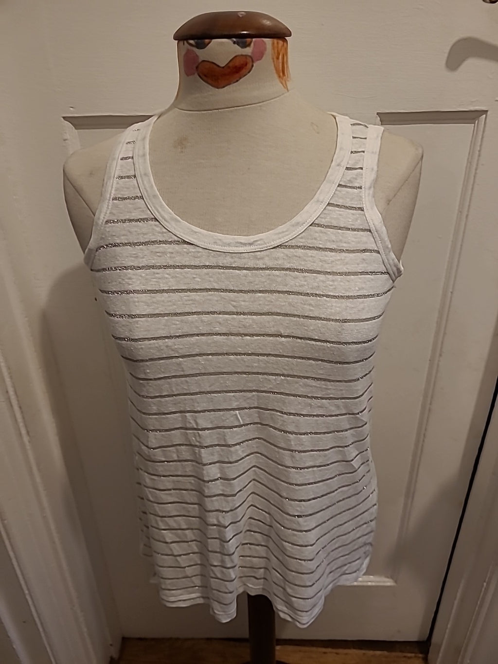 Ladies Medium Silver/White Striped Sleeveless Top