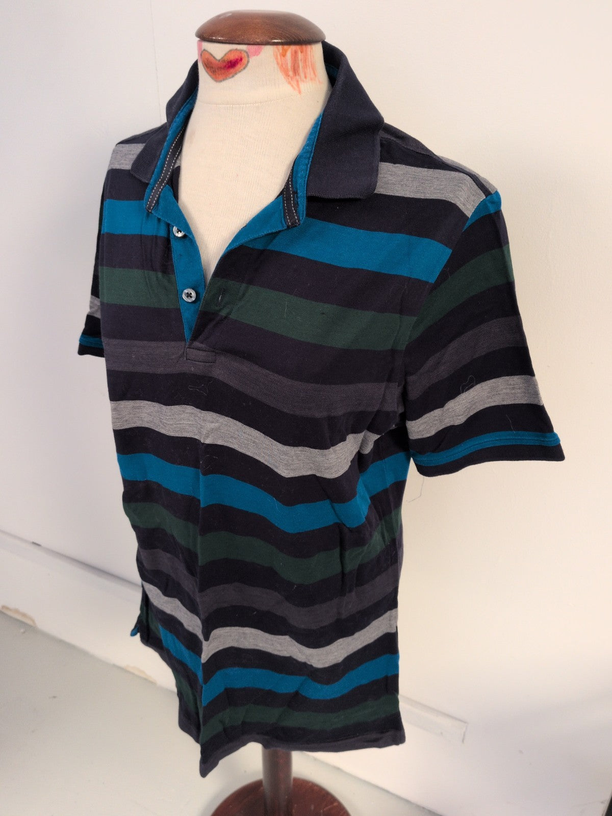 Blue Harbour Medium Green/Navy/Grey Stripe Short Sleeve Polo