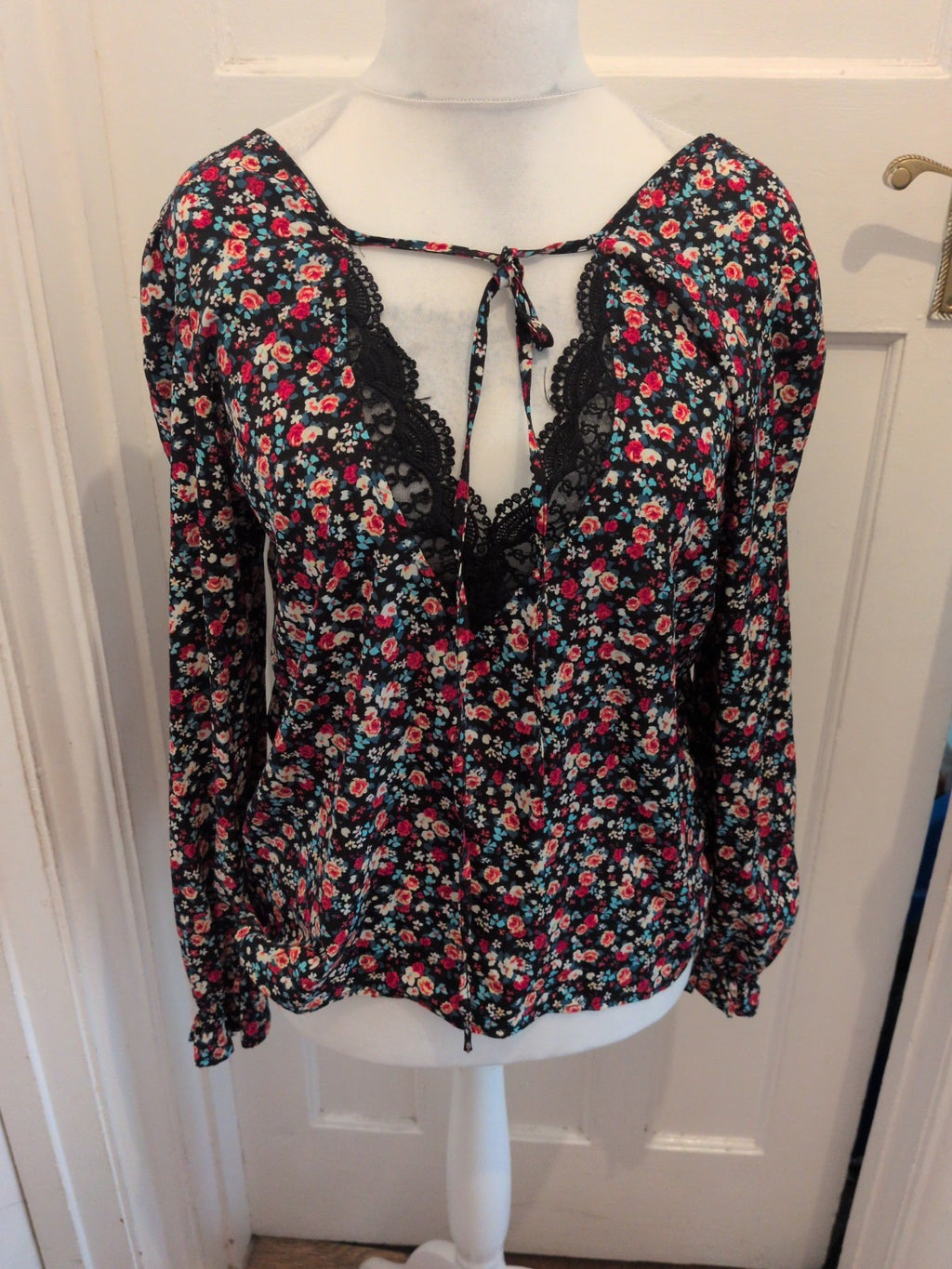 Shein Large Black Floral With Black Lace V Neck Blouse