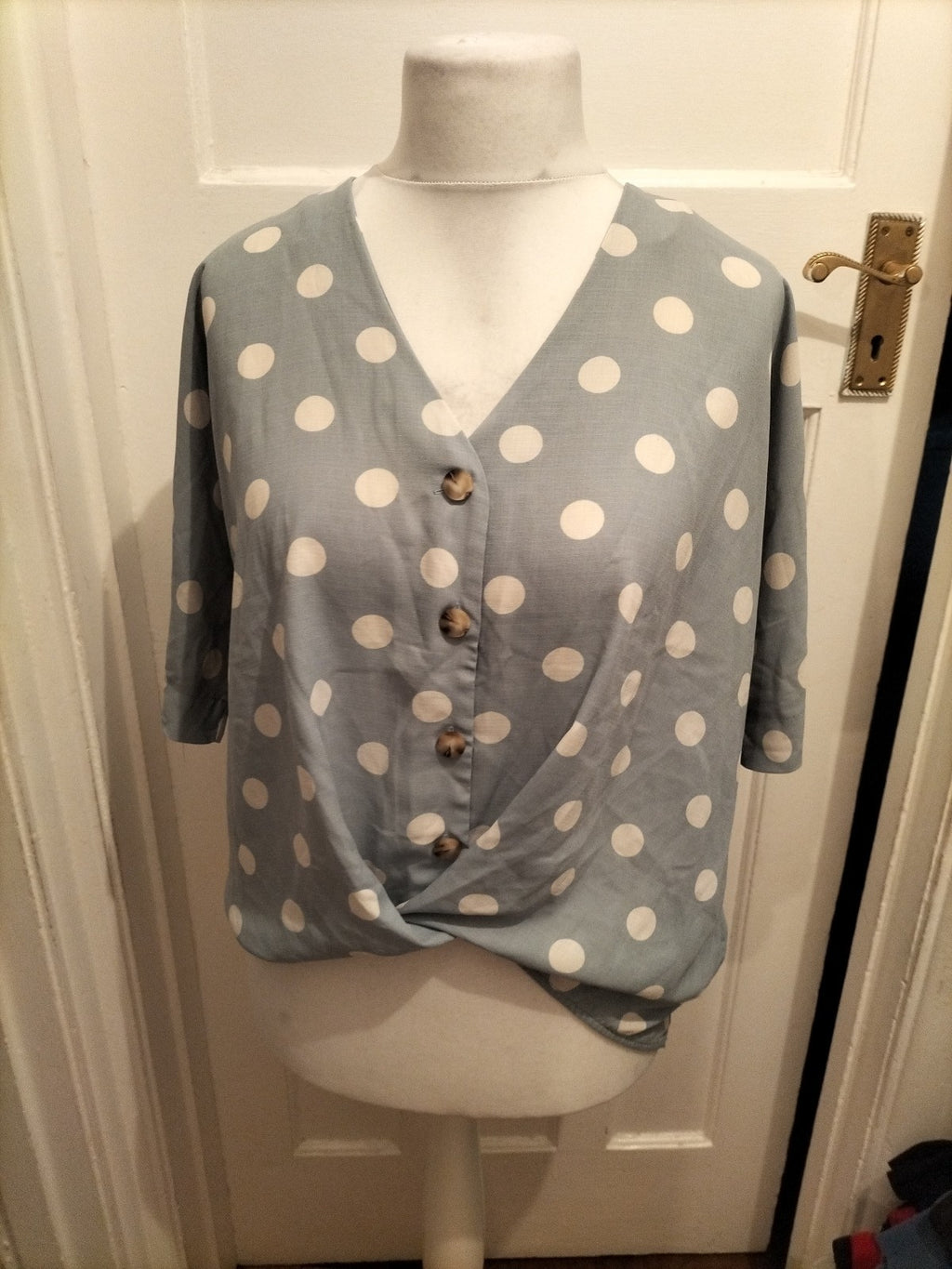 Primark 10 Blue And White Spotted Blouse Short Sleeve