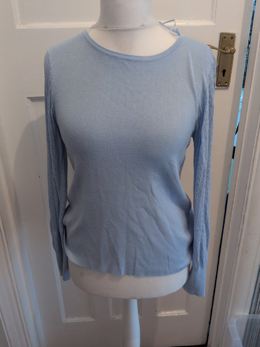 M&Co 16 Blue With Patterned Sleeves Long Sleeve Blouse