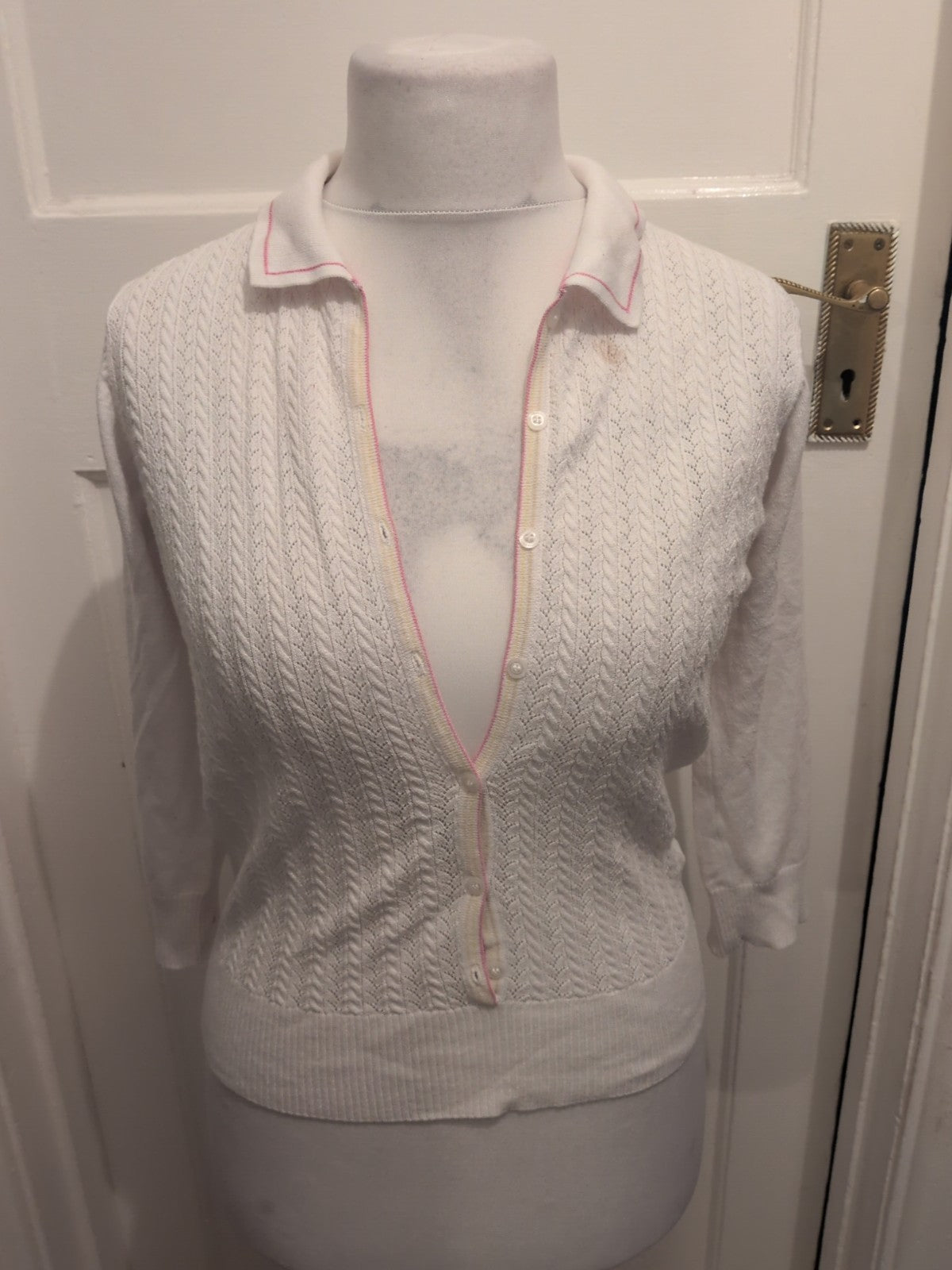 Ladies Cutter And Buck Size M White And Pink Long Sleeved Cardigan