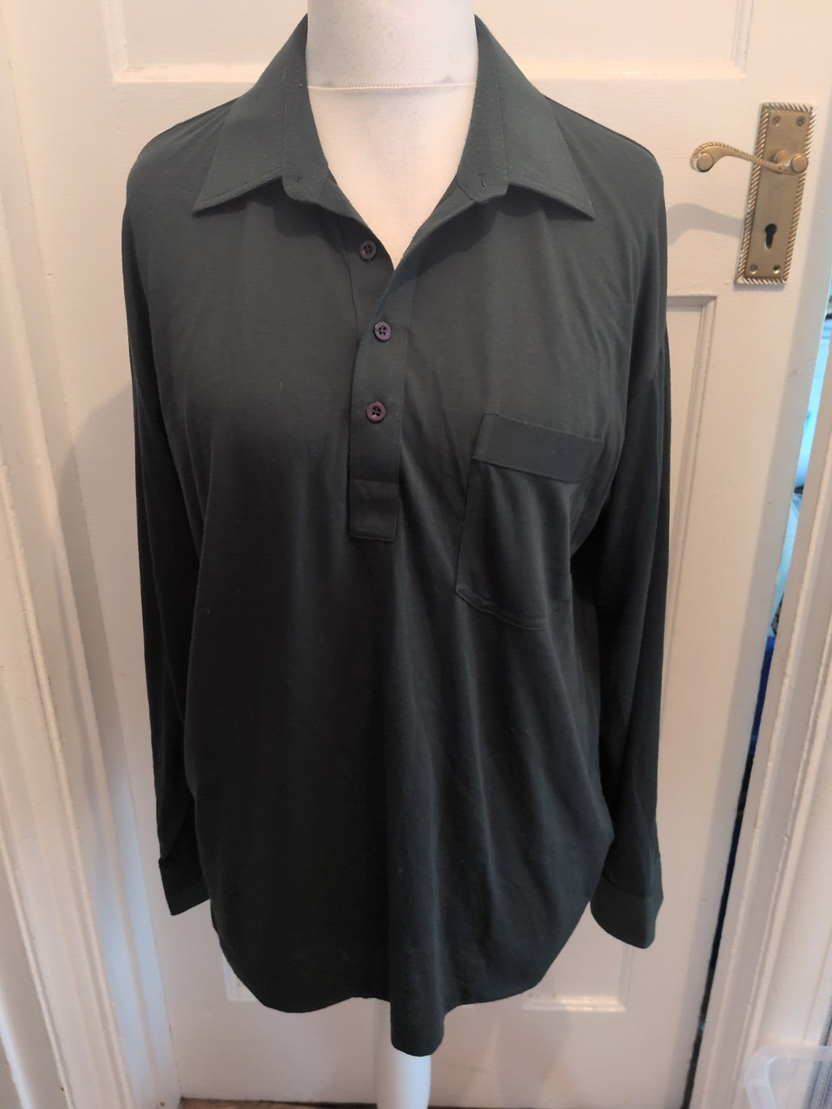 Mens Casual Large Green Long Sleeve Polo