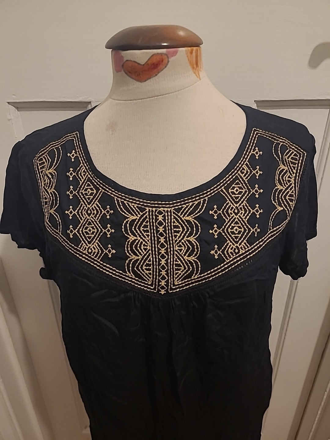 Ladies Marks And Spencer Size 14 Black Brown Embroidery Short Sleeved Blouse