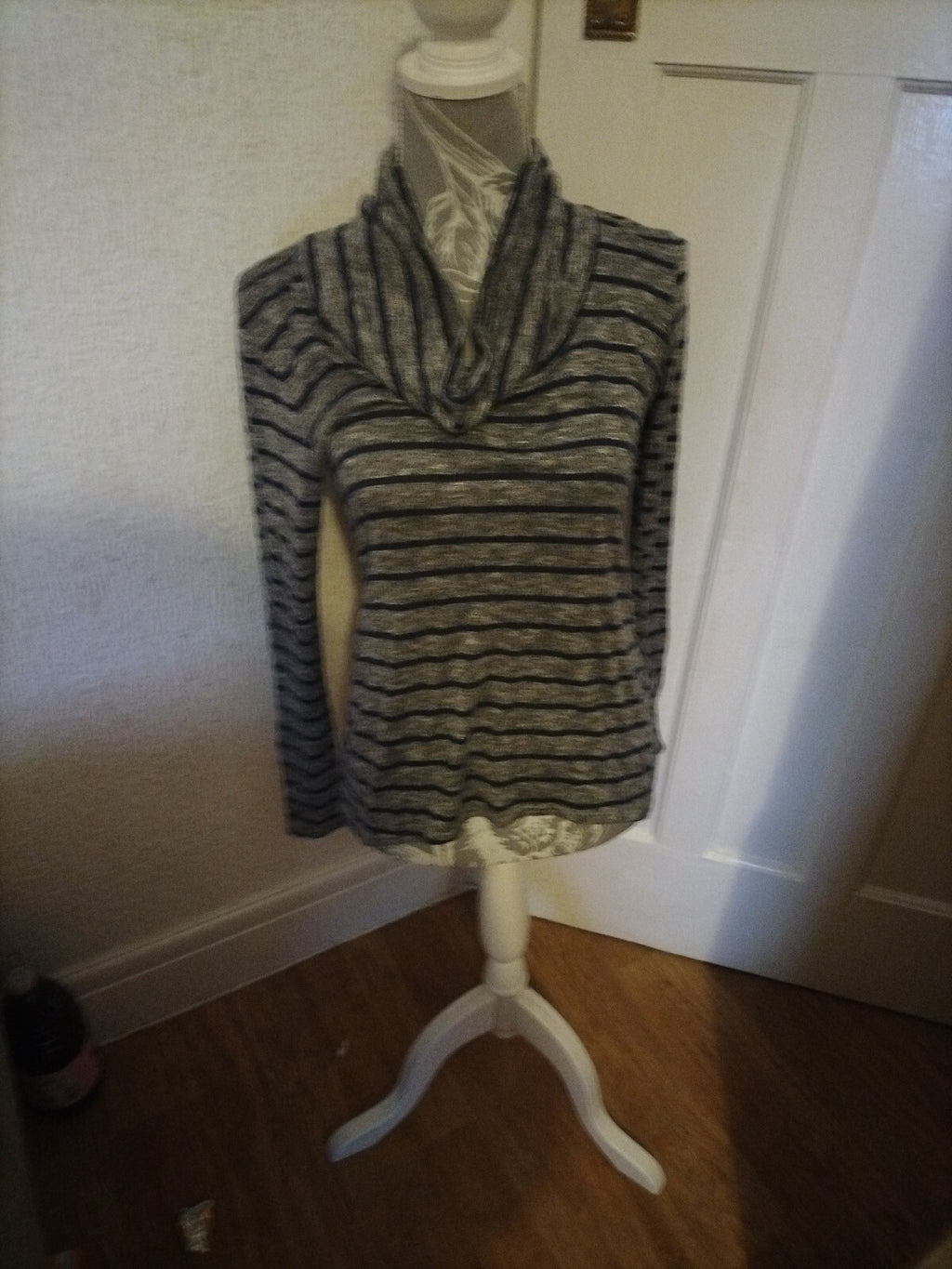 Ladies Size Small Grey/Navy Striped Long Sleeved Blouse