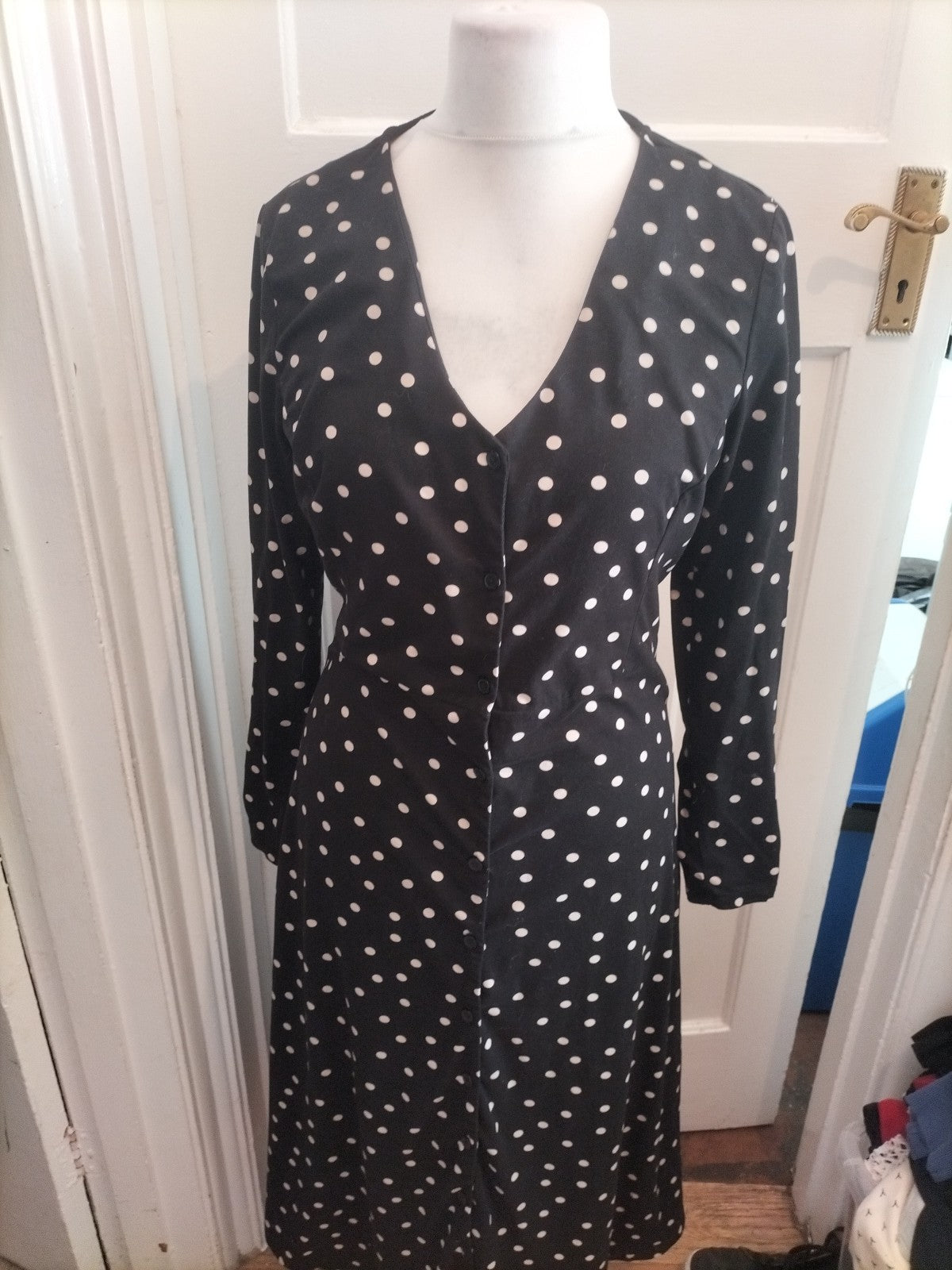 New Look 16 Black And White Polkadot Long Length Dress