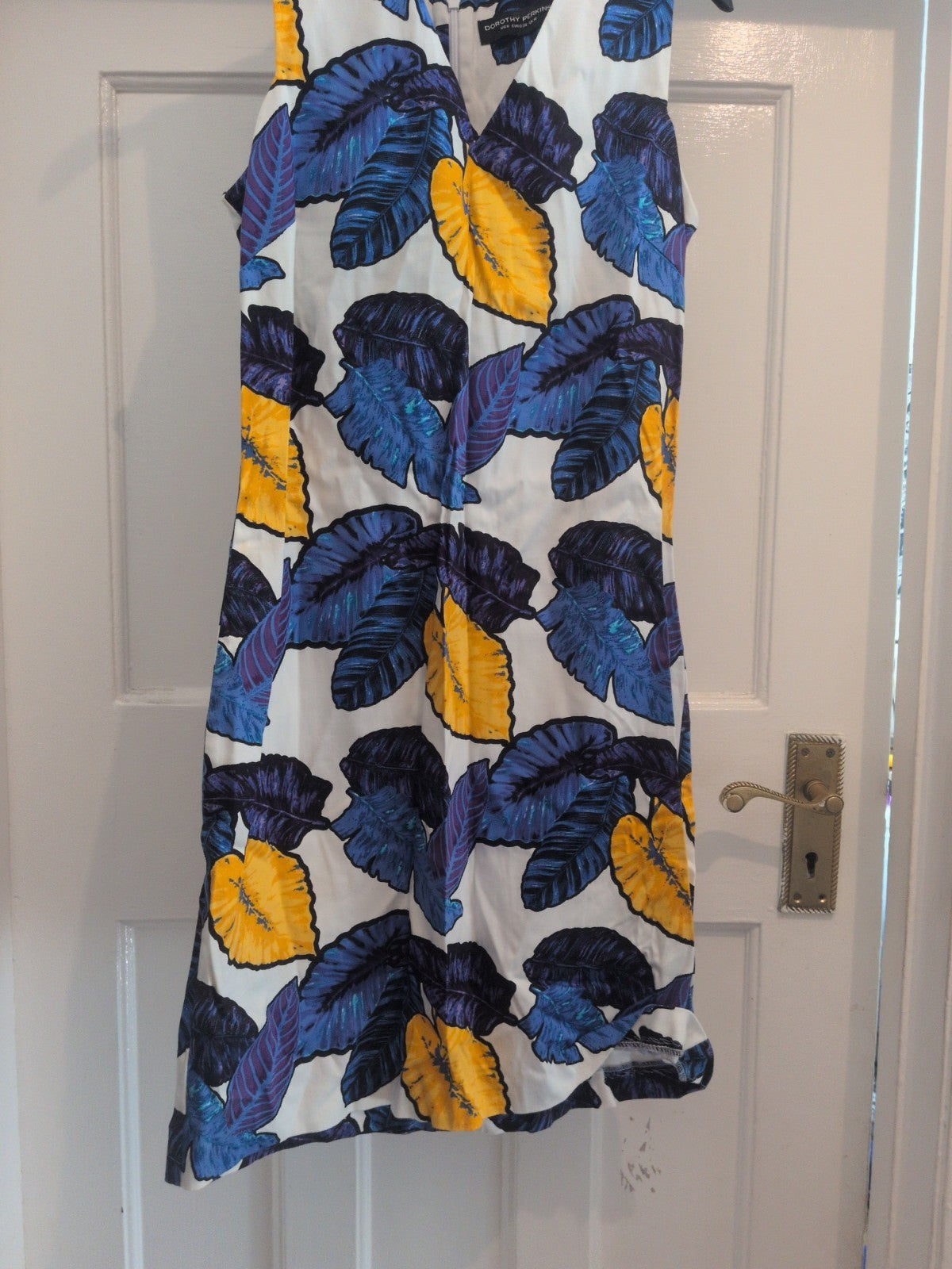 Dorothy Perkins 10 Yellow With Blue And White Leaves Sleeveless Dress V Neck