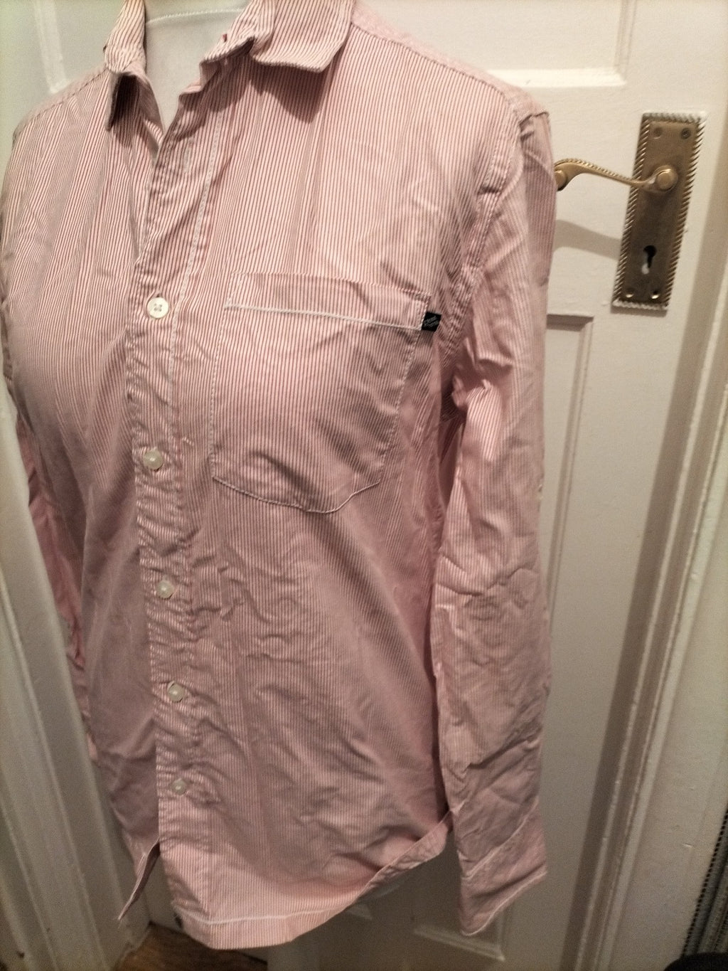 Mens Criminal Size Small Red And White Stripe Long Sleeved Shirt