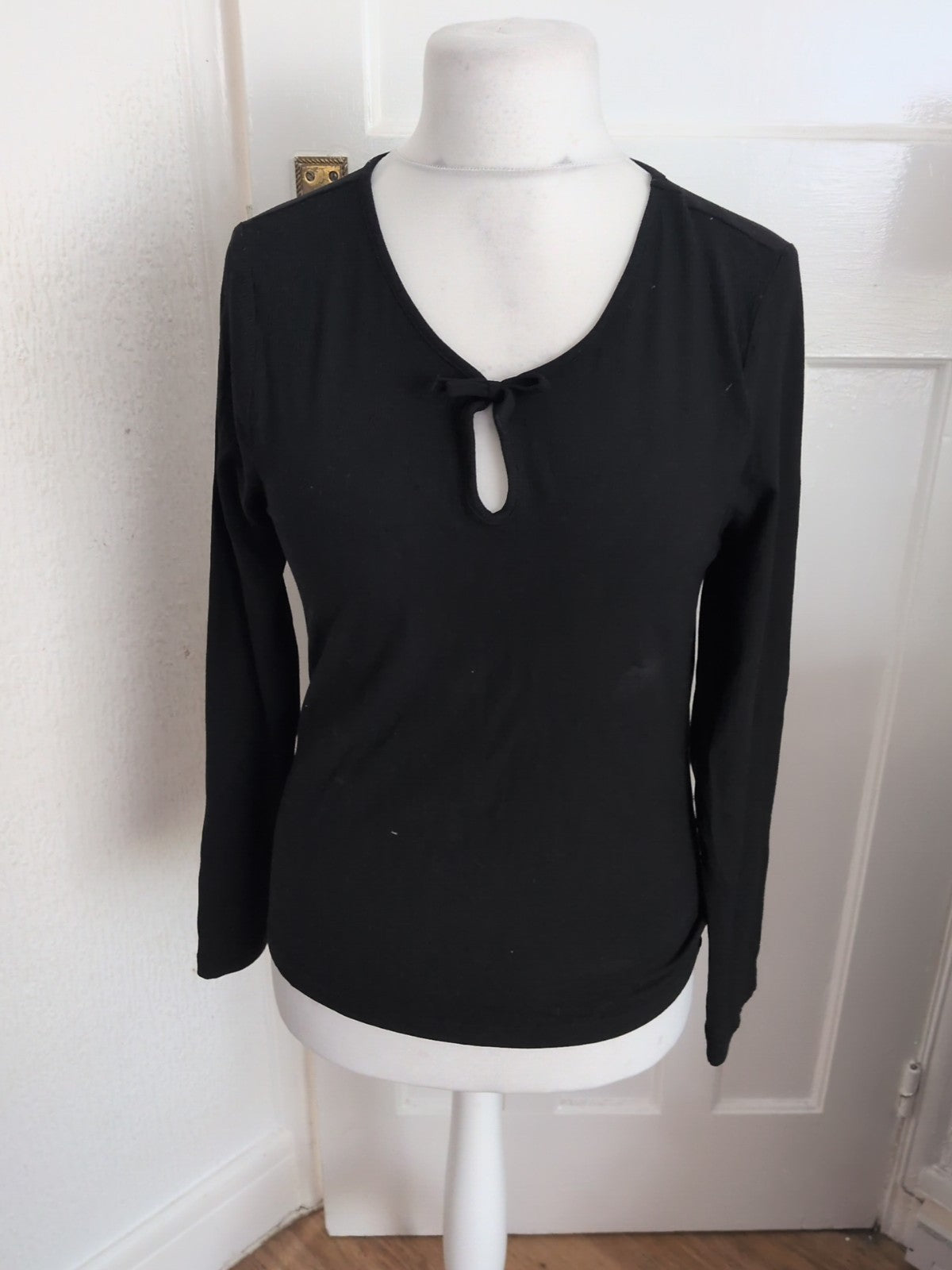 TU 14 Black Rib Long Sleeve Bow On Front Blouse