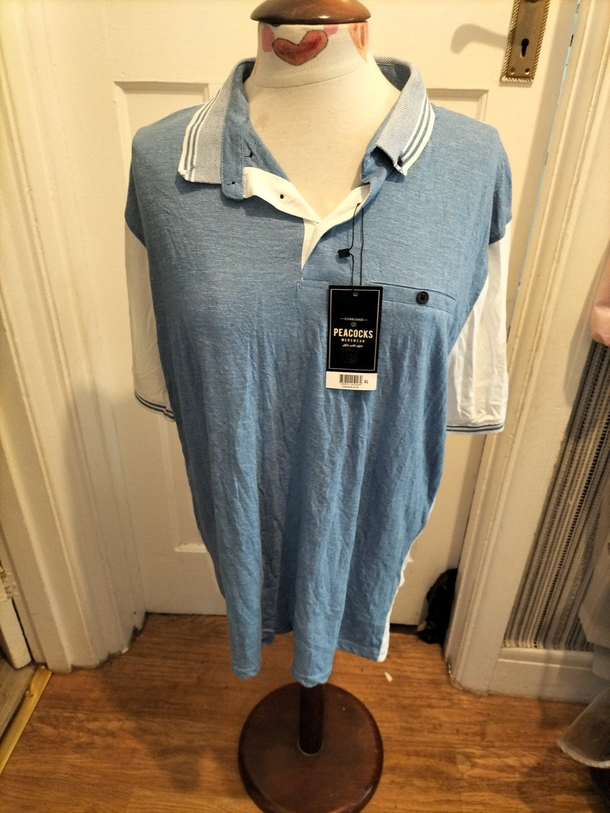 Brand New Mens Peacocks Size XL Blue White Short Sleeved Polo Shirt