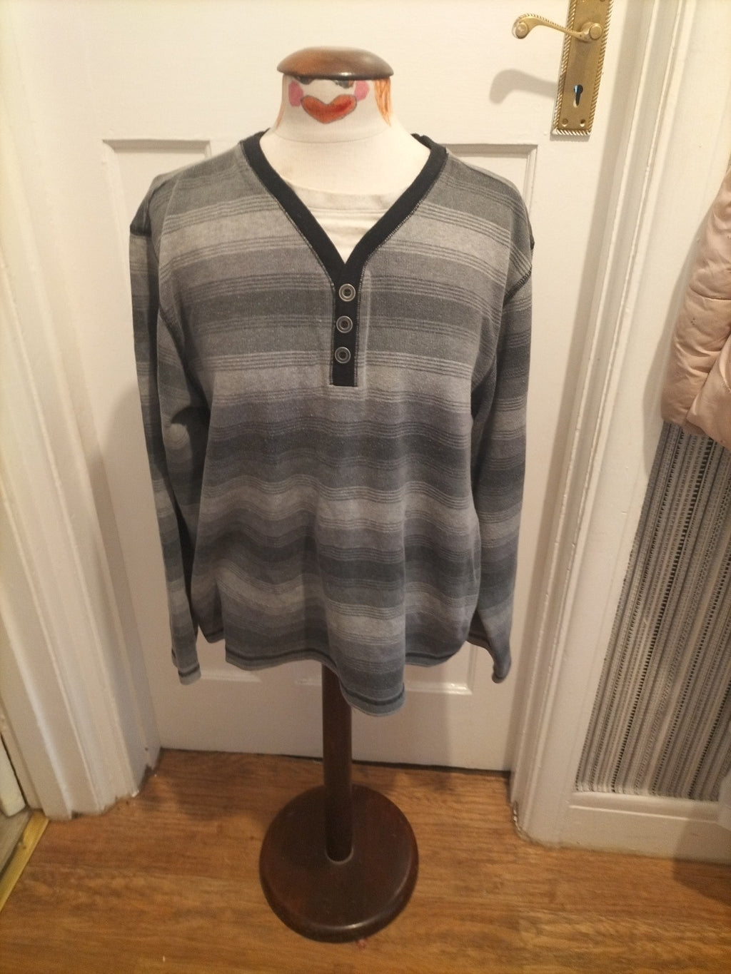 Mens Easy Size 2xl 2 Tone Grey Striped Long Sleeved Polo