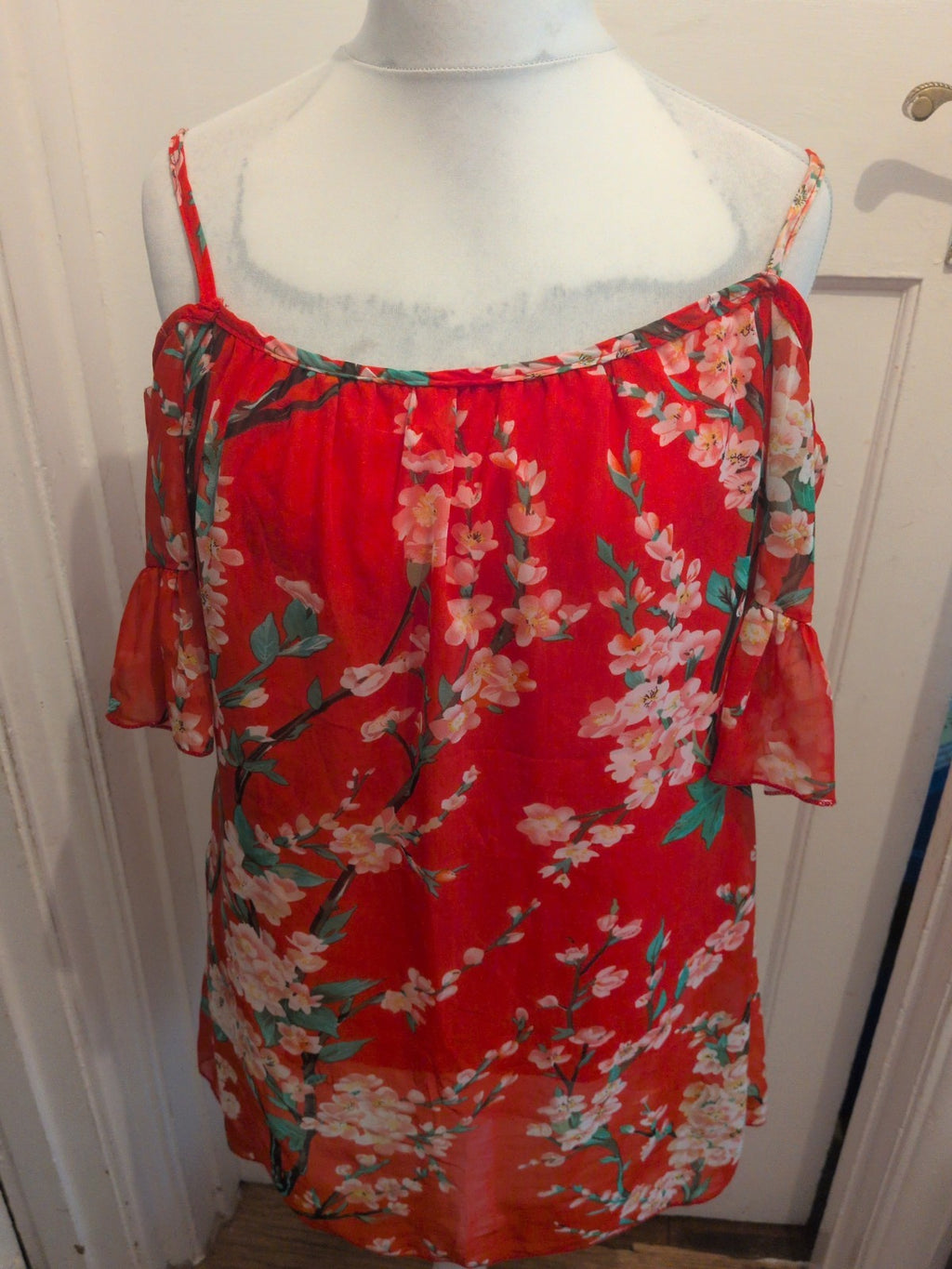 Ladies Yiliya Size 2XL Red Lined Floral Short Sleeve Blouse