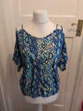 Ladies George Size 14 Blue Patterned Open Shoulder Short Sleeve Blouse