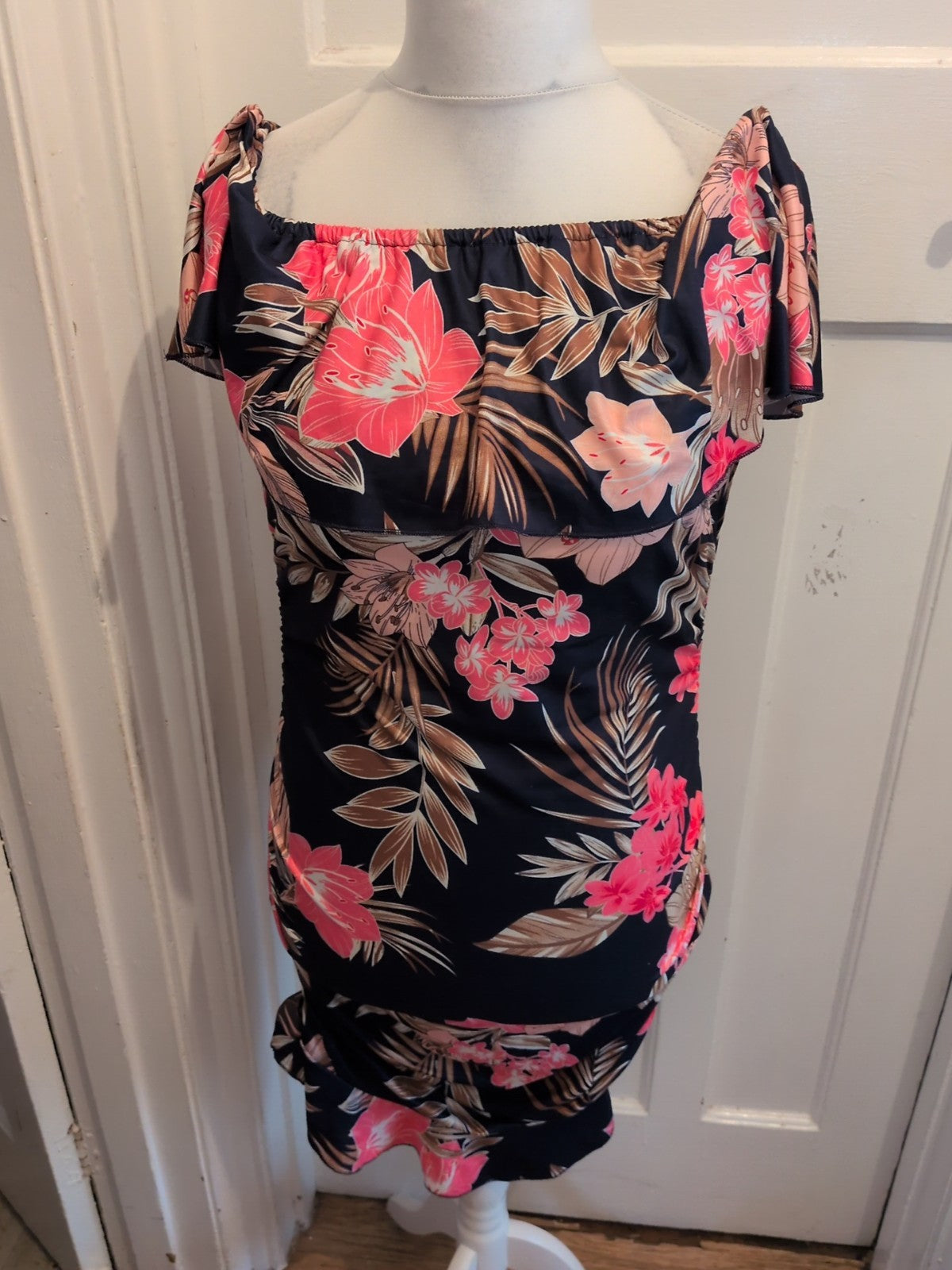 Ladies Short Dress Off The Shoulder Navy Floral Size Xl [16] Free Delivery