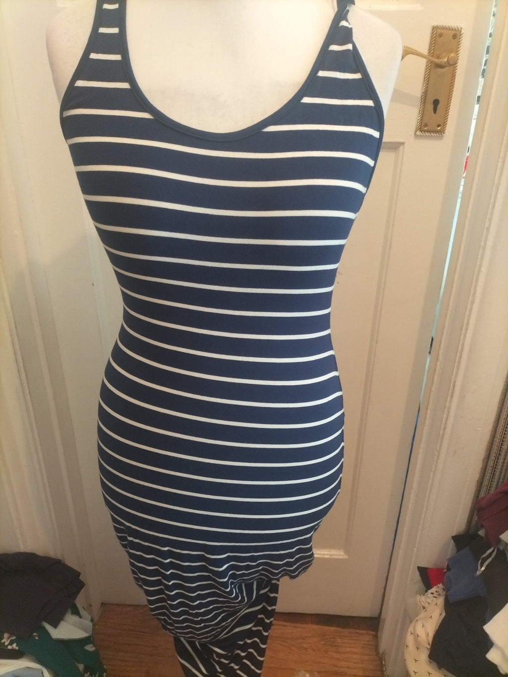 Ladies Brave Soul Size Xs Blue Striped Sleeveless Pencil Dress
