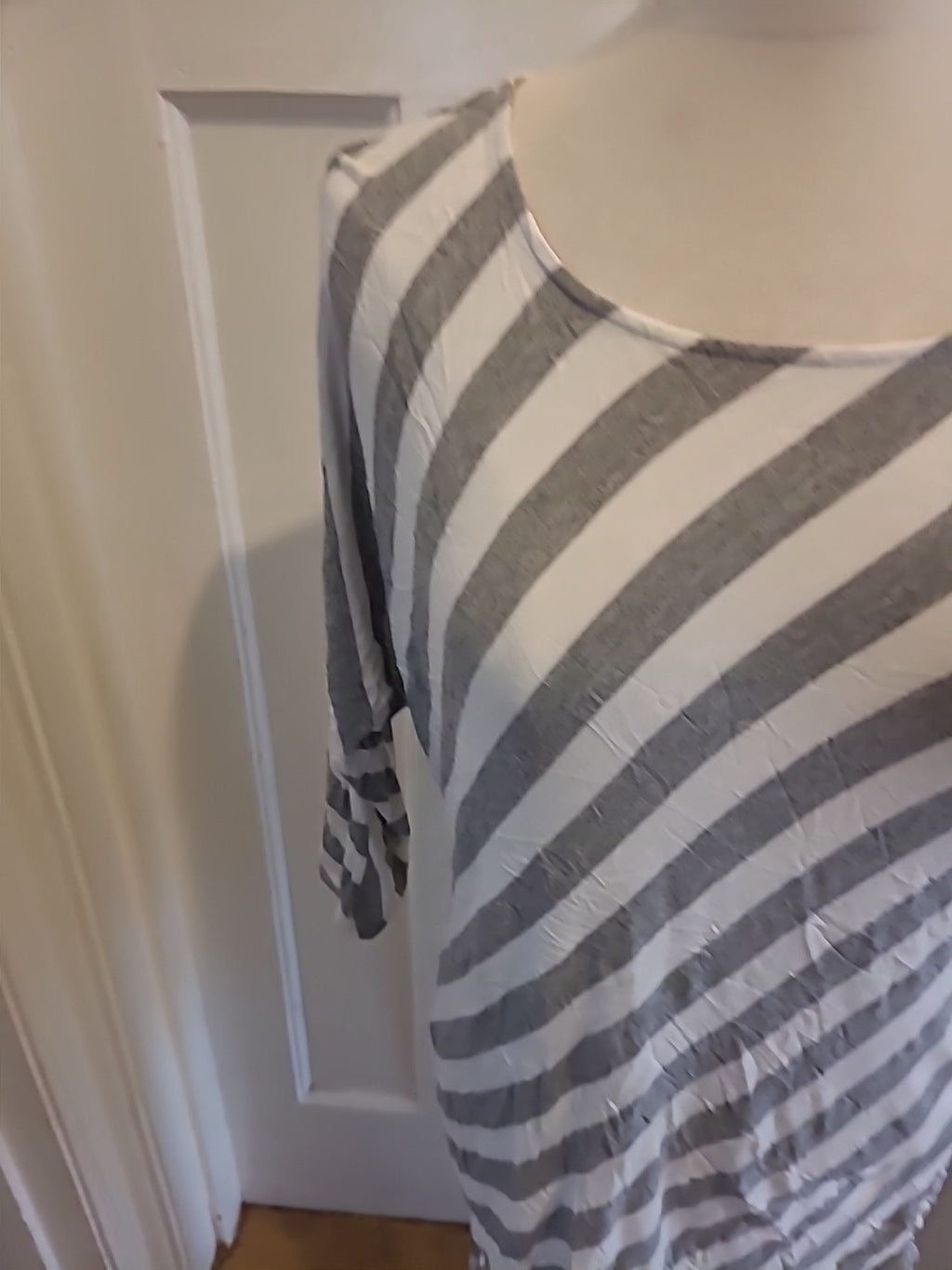 Ladies Large Grey And White Striped Mid Sleeved Blouse