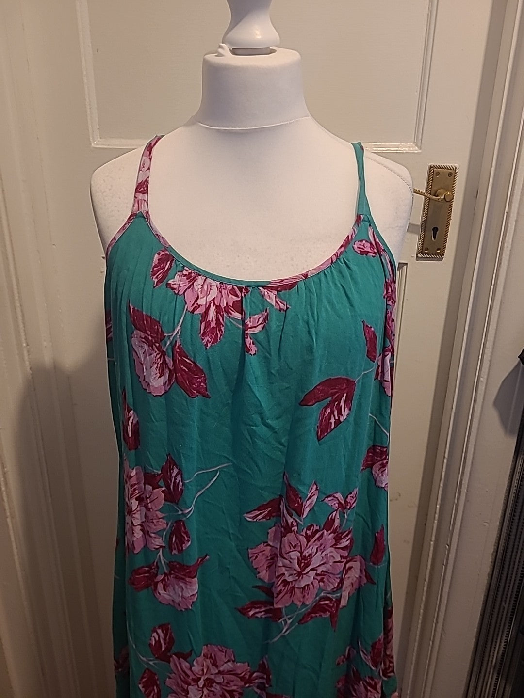 Ladies Size Large Green And Pink Floral Dress Sleeveless