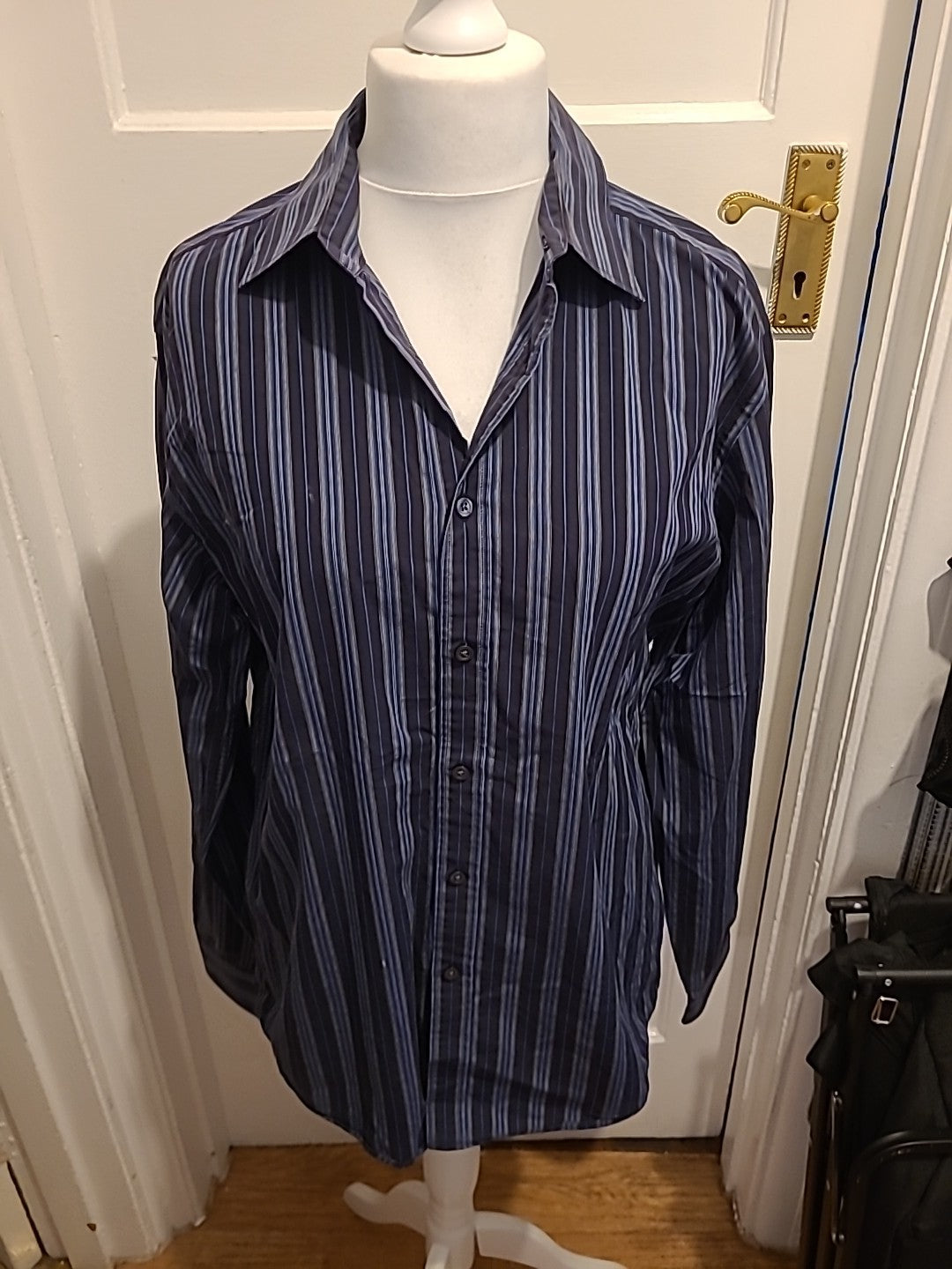Mens John Lewis Size Large Navy And Blue Striped Long Sleeved Shirt