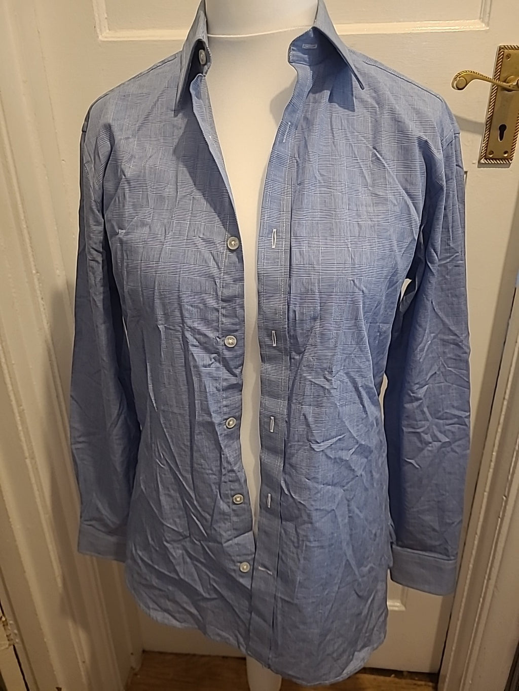 Mens Jaeger Size 15" Collar Blue And White Pinstriped Check Long Sleeved Shirt