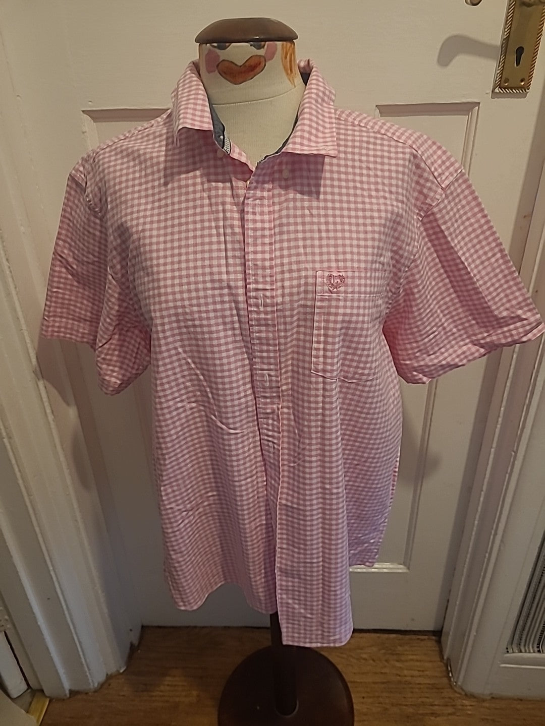 Mens Lincoln Size Large Pink With White Check Short Sleeve Shirt
