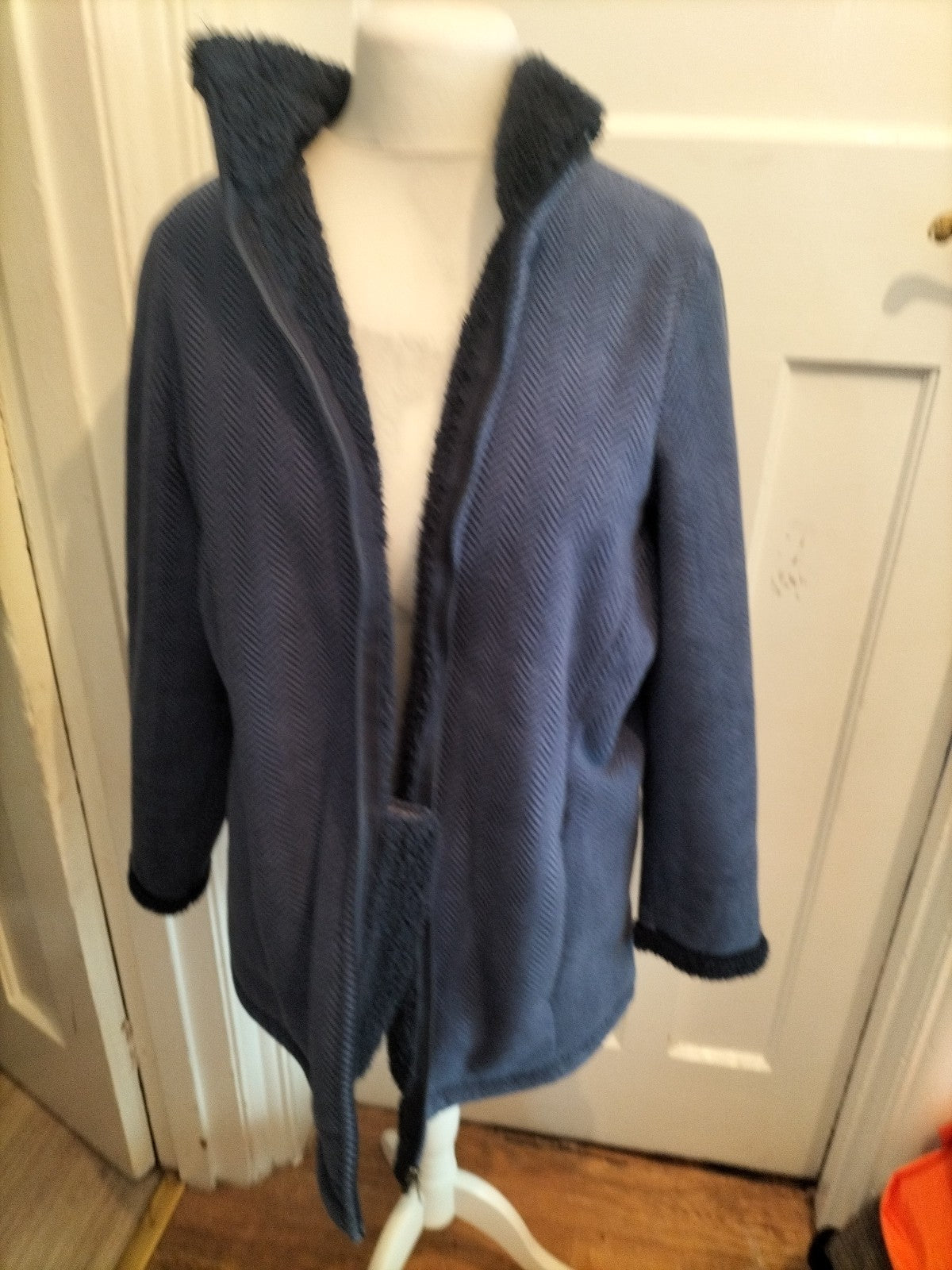 Large Navy Patterned Fleece Lined Full Zip Jacket