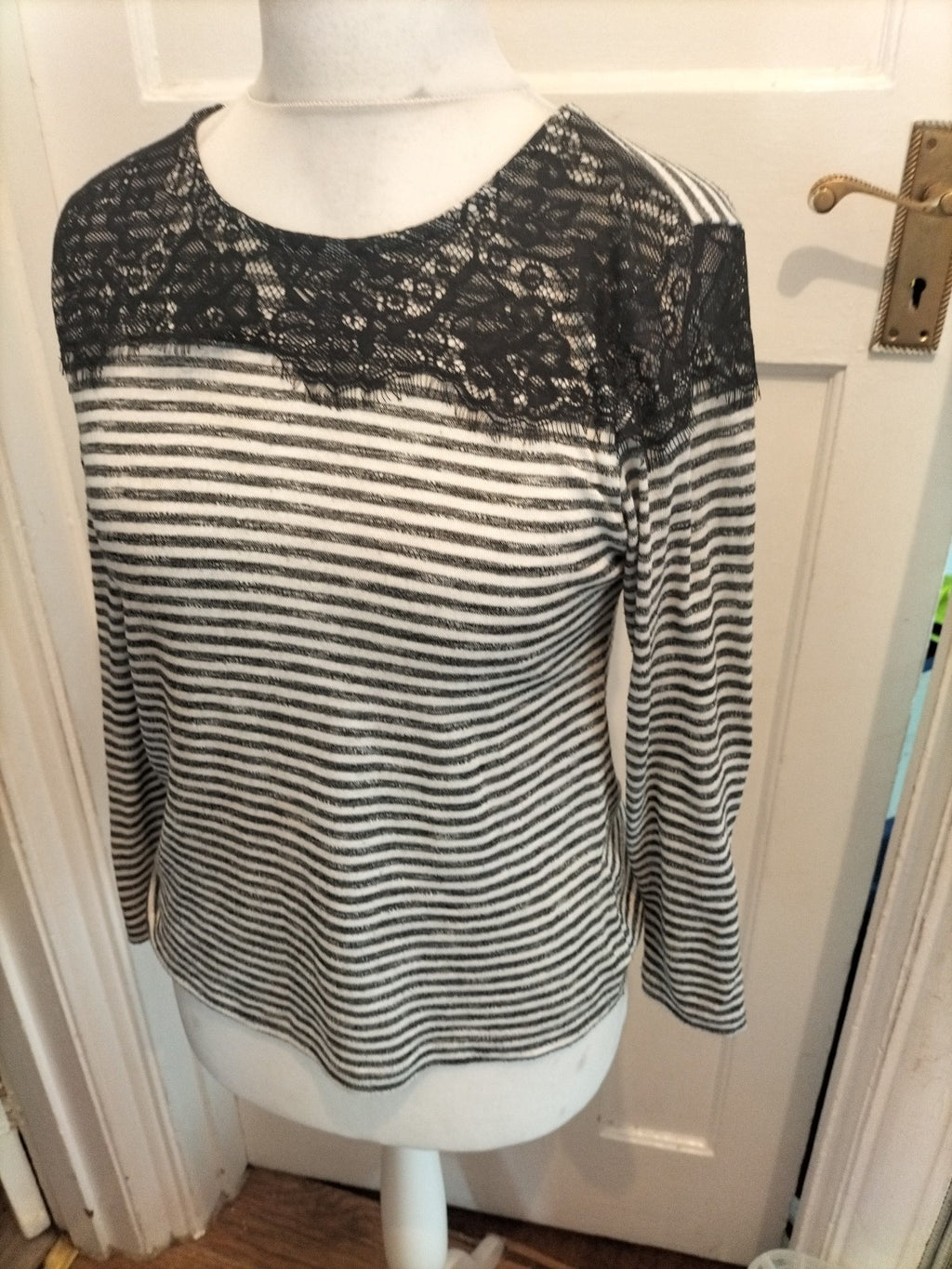 Primark 12 Grey White Striped With Black Lace Long Sleeve Blouse