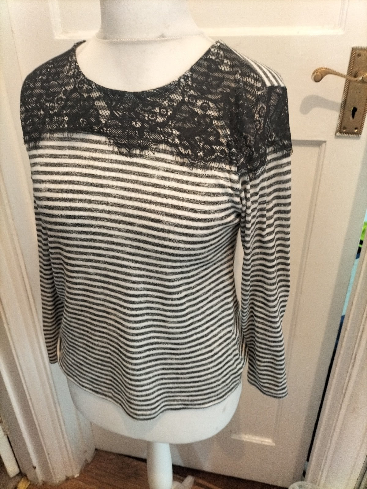 Primark 12 Grey White Striped With Black Lace Long Sleeve Blouse