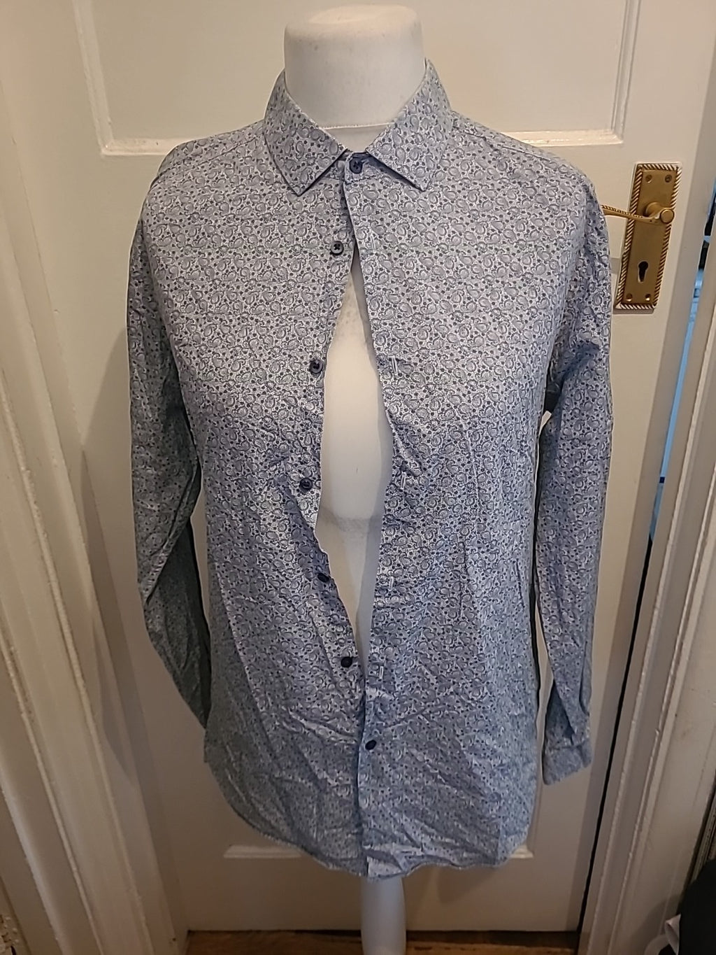 Mens Primark Size L Navy And White Sotty Aztec Slim Fit Shirt Long Sleeve