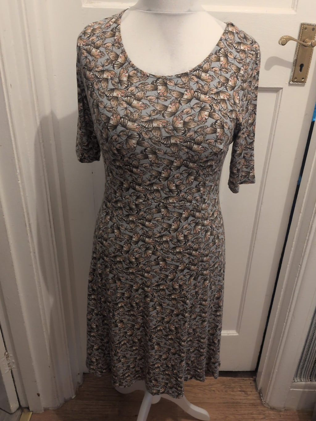 Ladies Next Size 12 Grey Butterfly Short Sleeve Dress