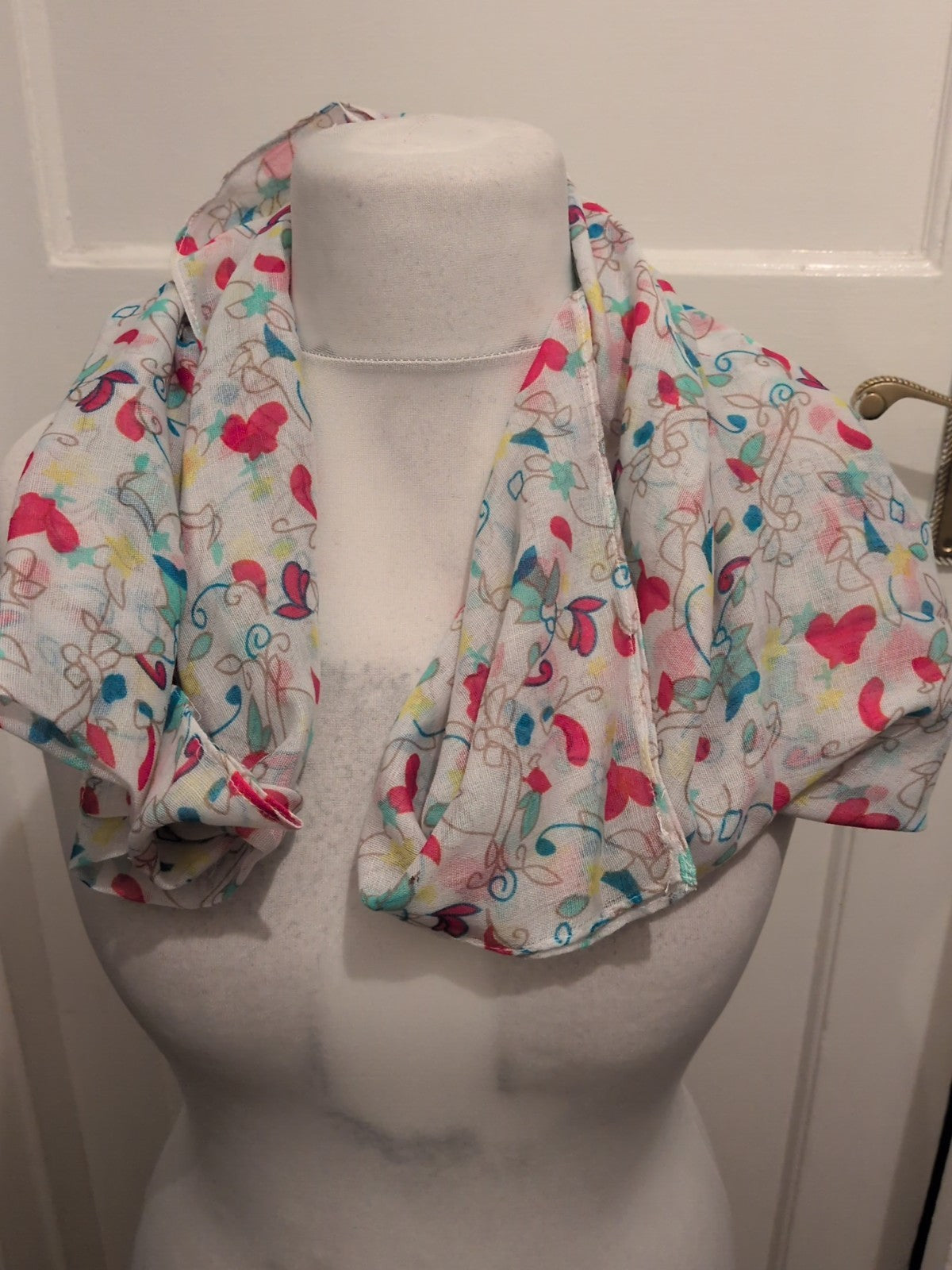 White With Floral Multicoloured Pattern Scarf