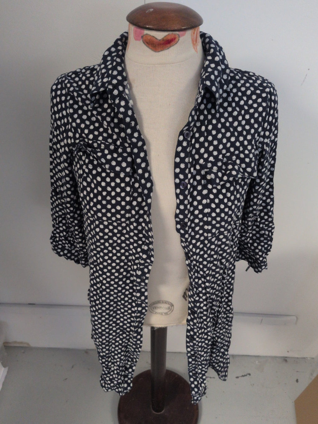 Dorothy Perkins 12 Navy And White Spot Buttoned Collared Blouse Long Sleeve