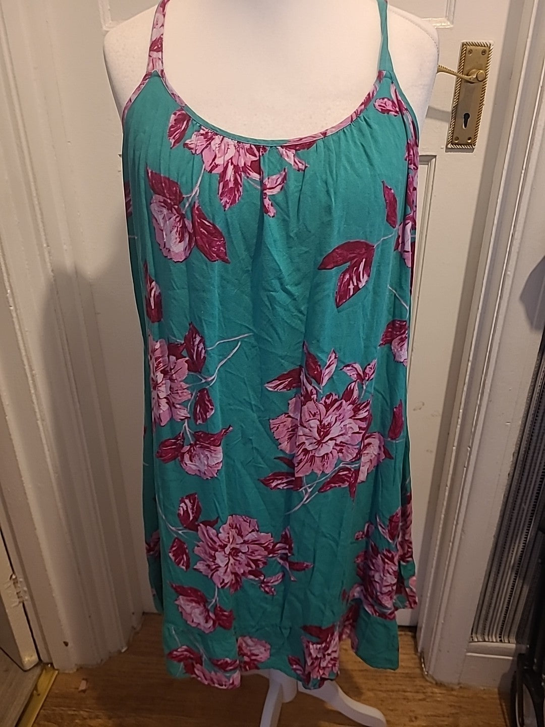 Ladies Size Large Green And Pink Floral Dress Sleeveless