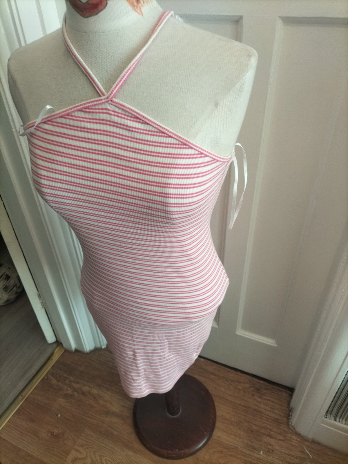 Ladies New Look Size 10 Pink White Striped Halterneck Dress