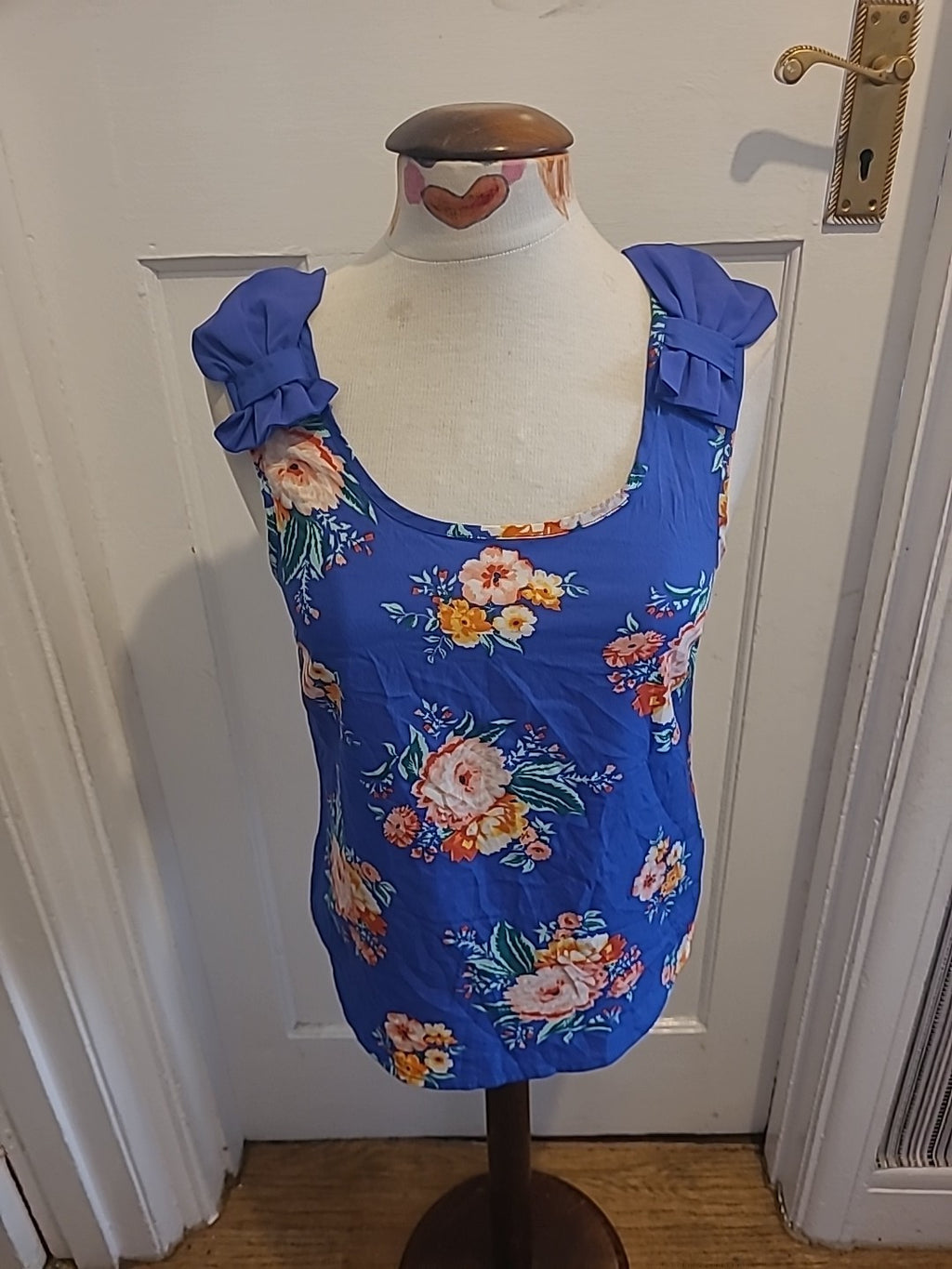 Ladies Primark Size 10 Blue Floral Bow Detail Sleeveless Tshirt