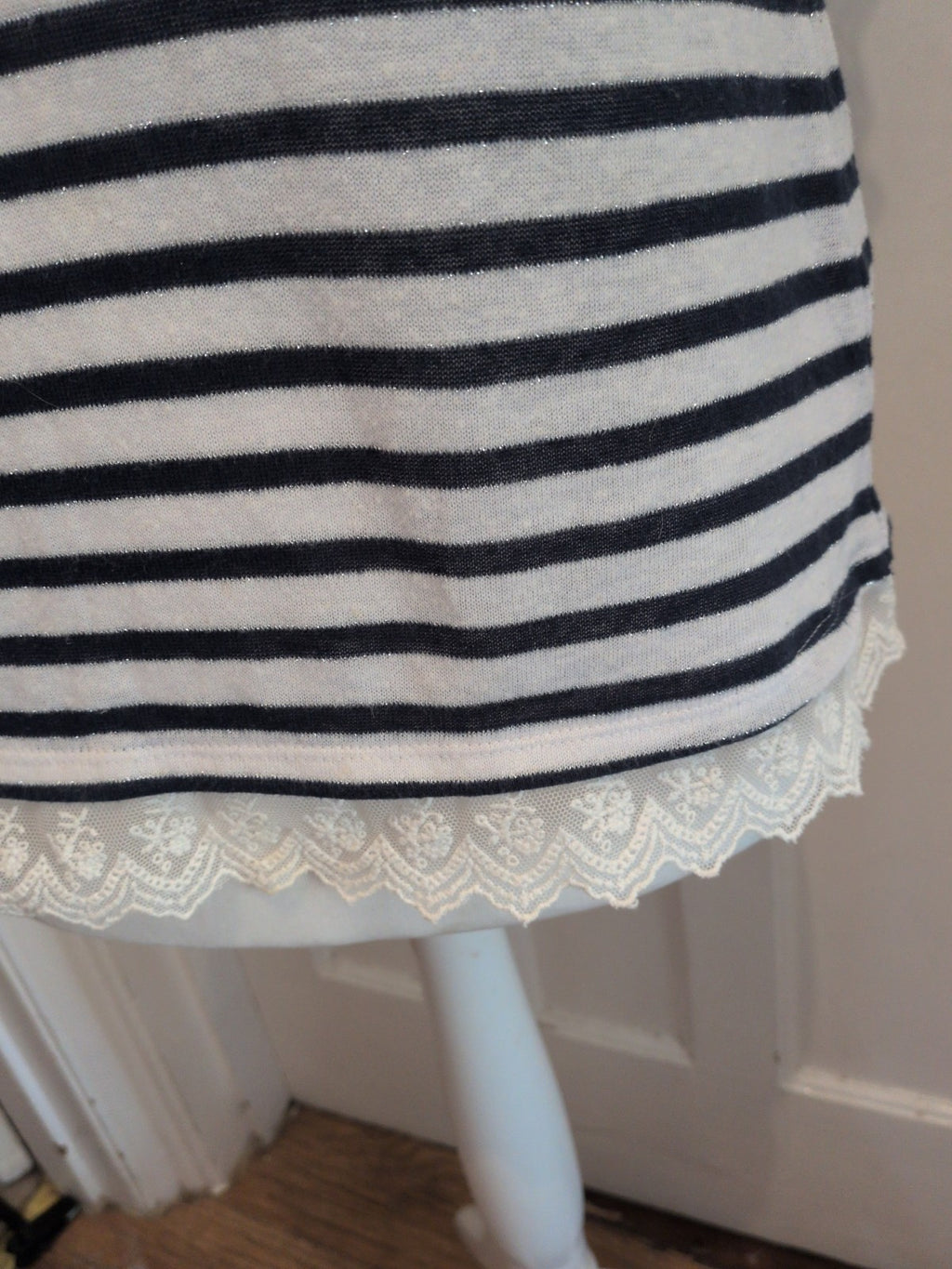 George 12 Navy And Ivory Stripes Frill Hem Short Sleeve Sparkle Blouse
