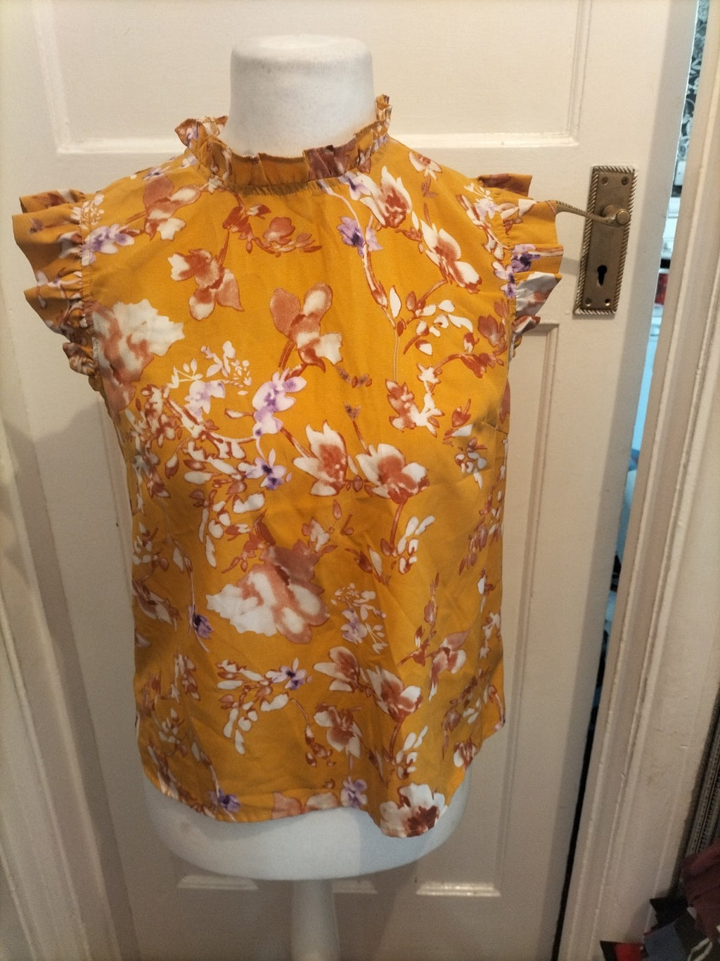 Ladies Shein L Yellow Short Sleeved Floral Blouse