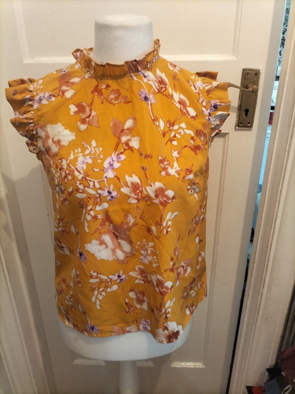 Ladies Shein L Yellow Short Sleeved Floral Blouse