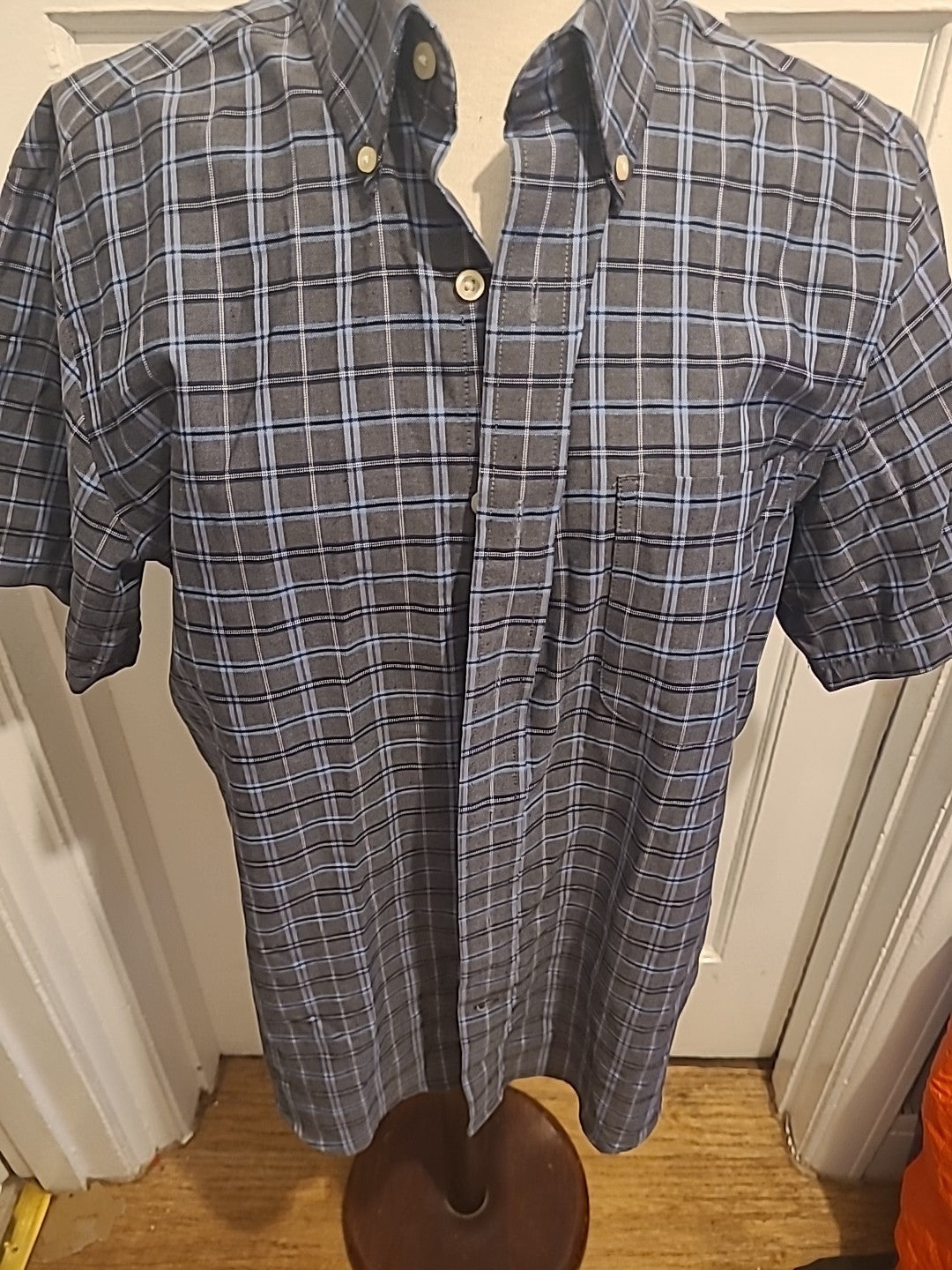 Mens St Johns Bay Size Medium Grey Blue Check Short Sleeved Shirt