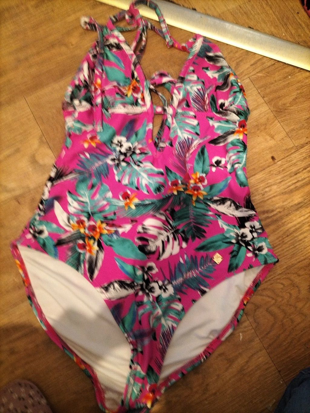 Superdry Tropical Floral Surf Halterneck Swimsuit Fluro Pink Size 10
