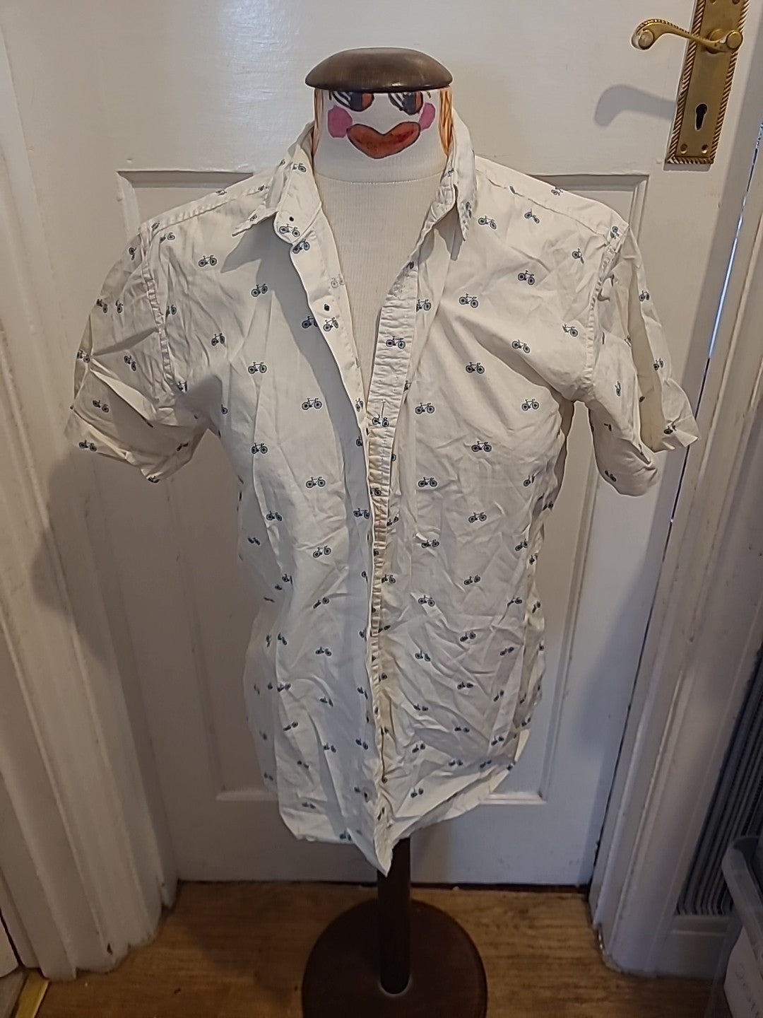 Mens Primark Size Small White Bike Design Short Sleeved Shirt