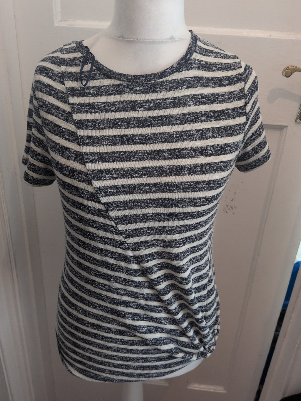 Tu 12 Navy And White Striped Uneven Hem Front Knot Short Sleeve Blouse