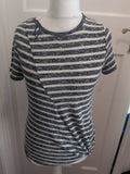 Tu 12 Navy And White Striped Uneven Hem Front Knot Short Sleeve Blouse