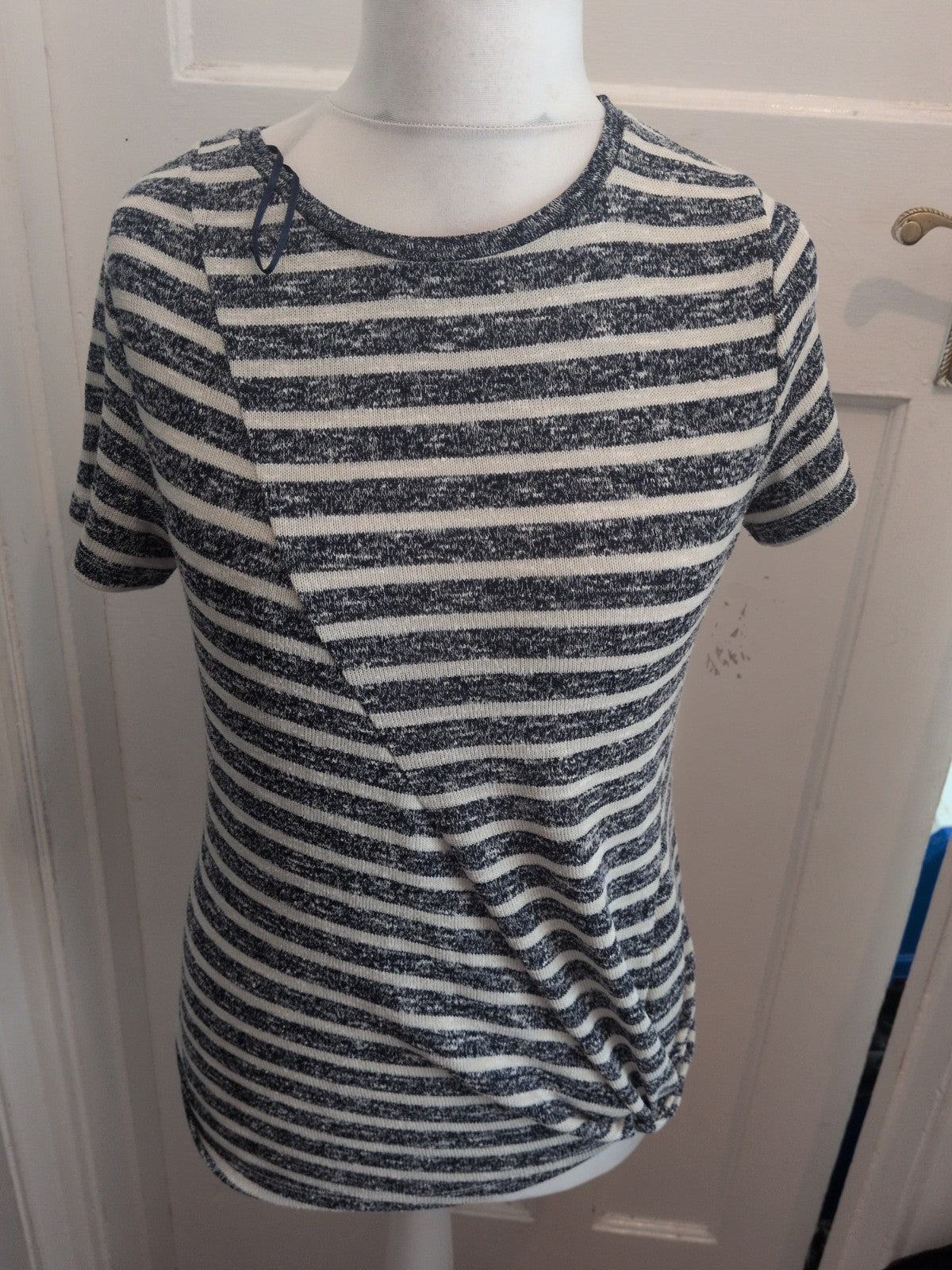 Tu 12 Navy And White Striped Uneven Hem Front Knot Short Sleeve Blouse
