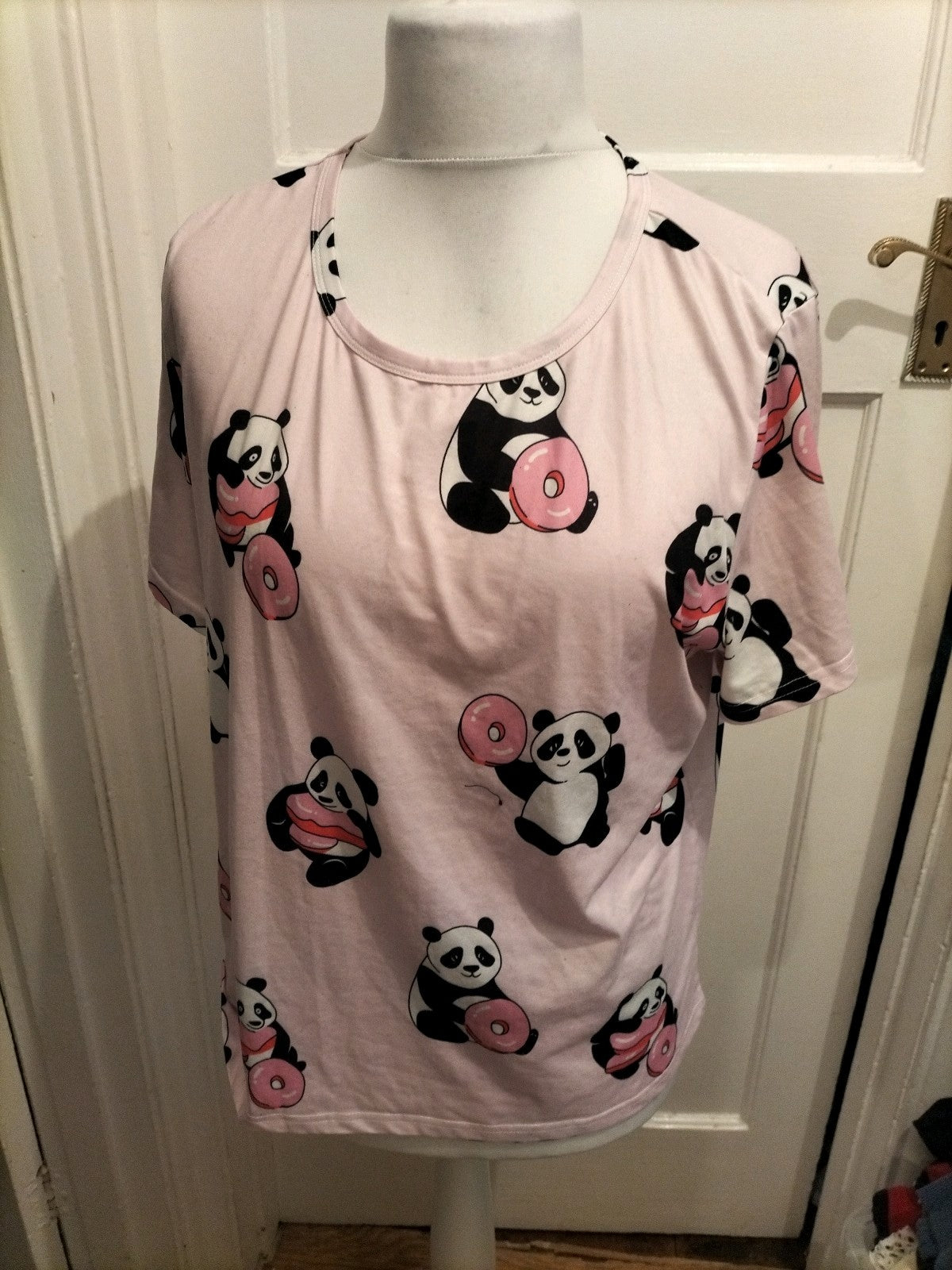 Ladies Size XL Pale Pink Panda Short Sleeved Pyjama Top