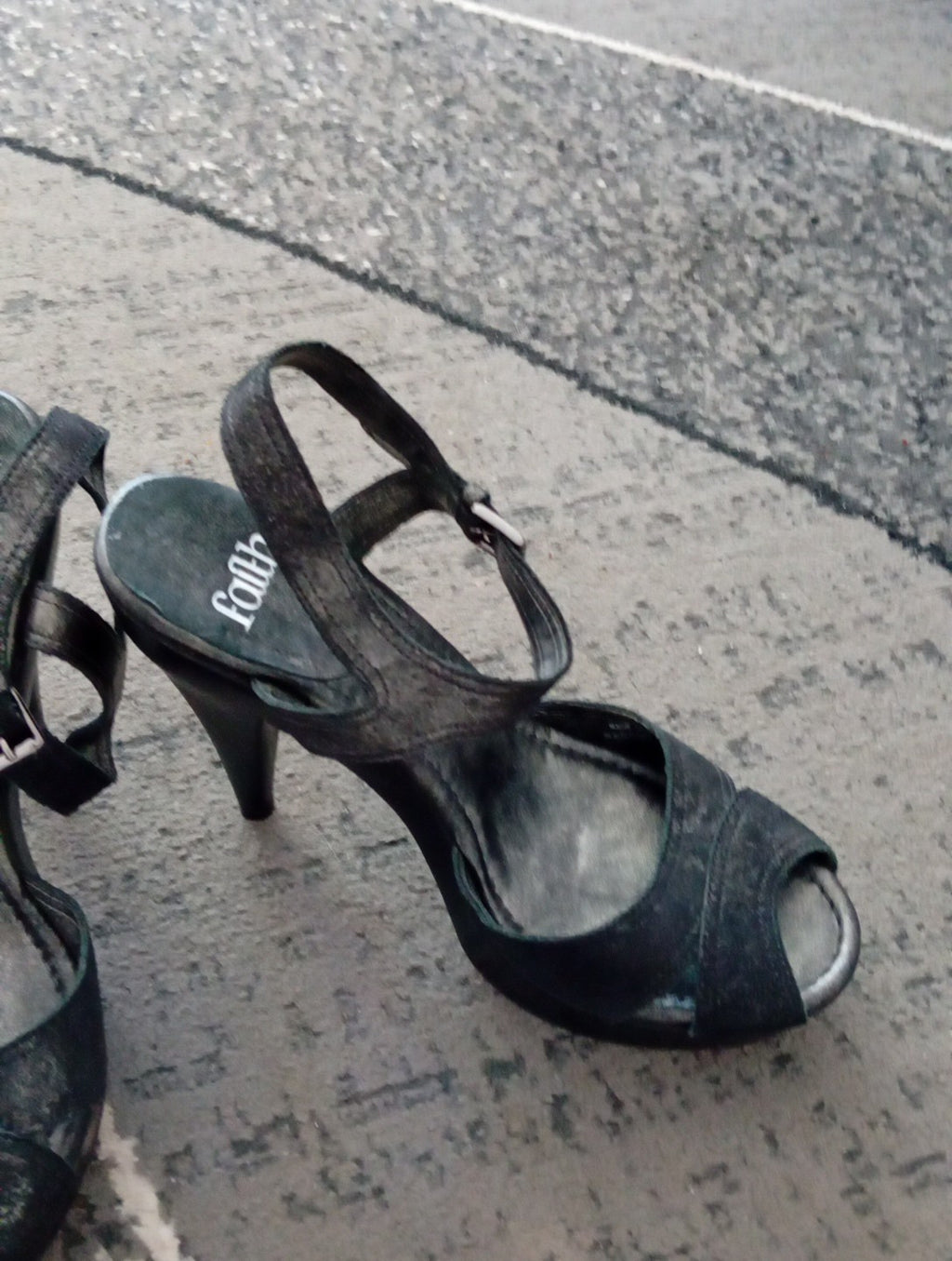 Ladies Heeled Open Toe Shoes FAITH black/ Silver Shimmer Size 6 FREE DELIVERY