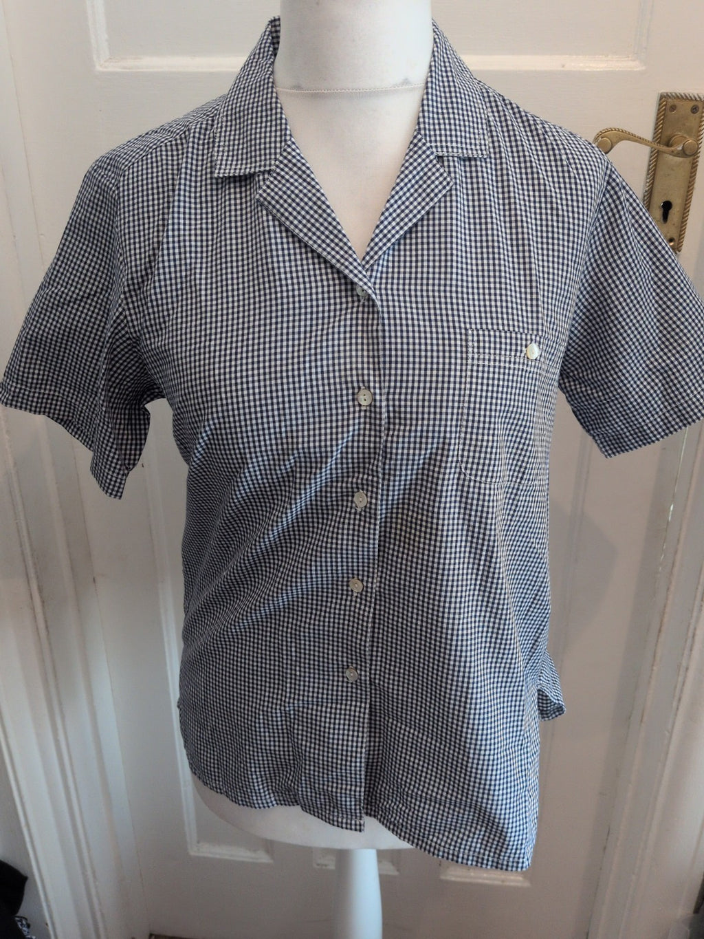 Ladies Holmewood 12 Navy And White Check Short Sleeve Buttoned Shirt